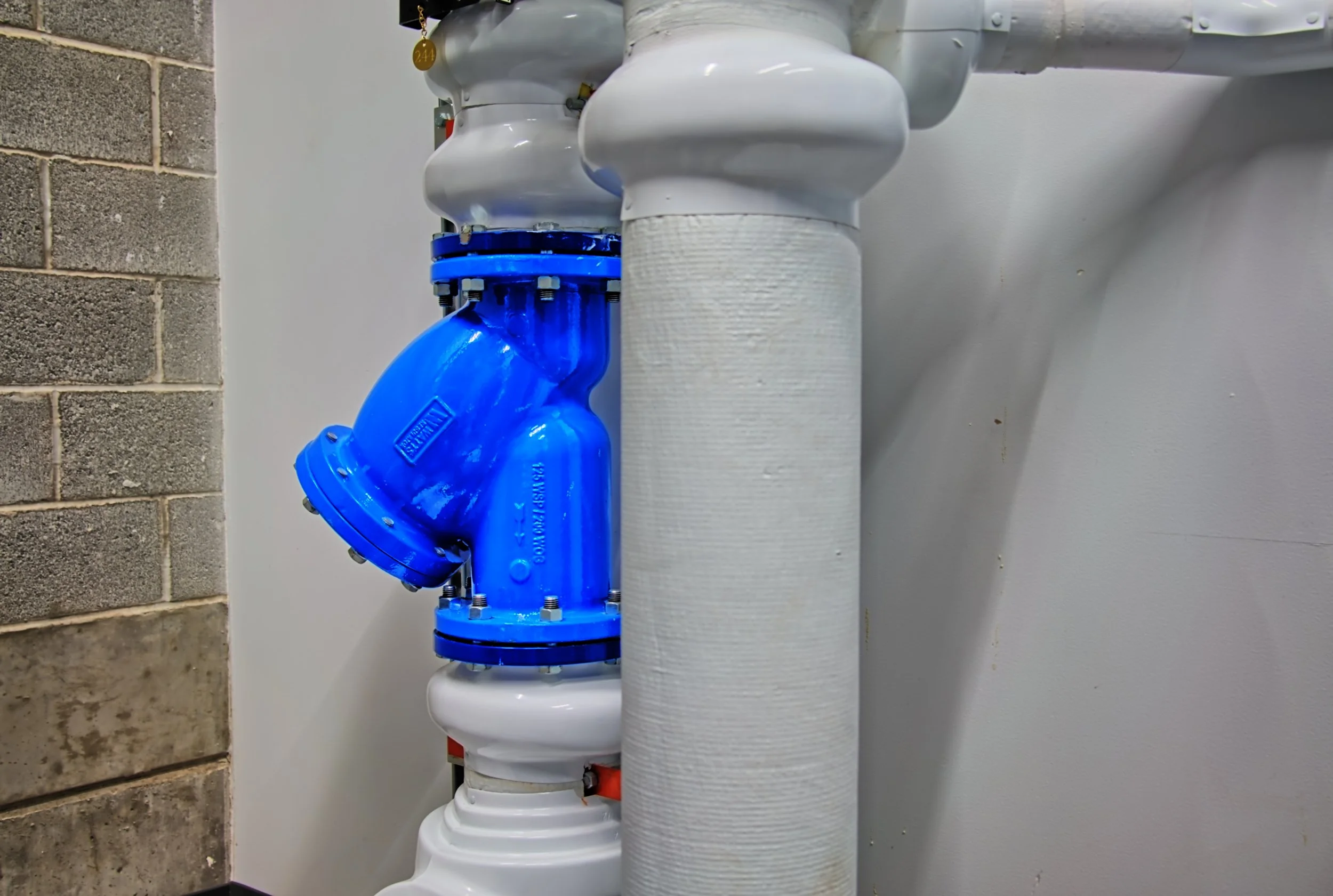 Blue industrial pump connected to white pipes, installed against a wall with a concrete wall on the left.