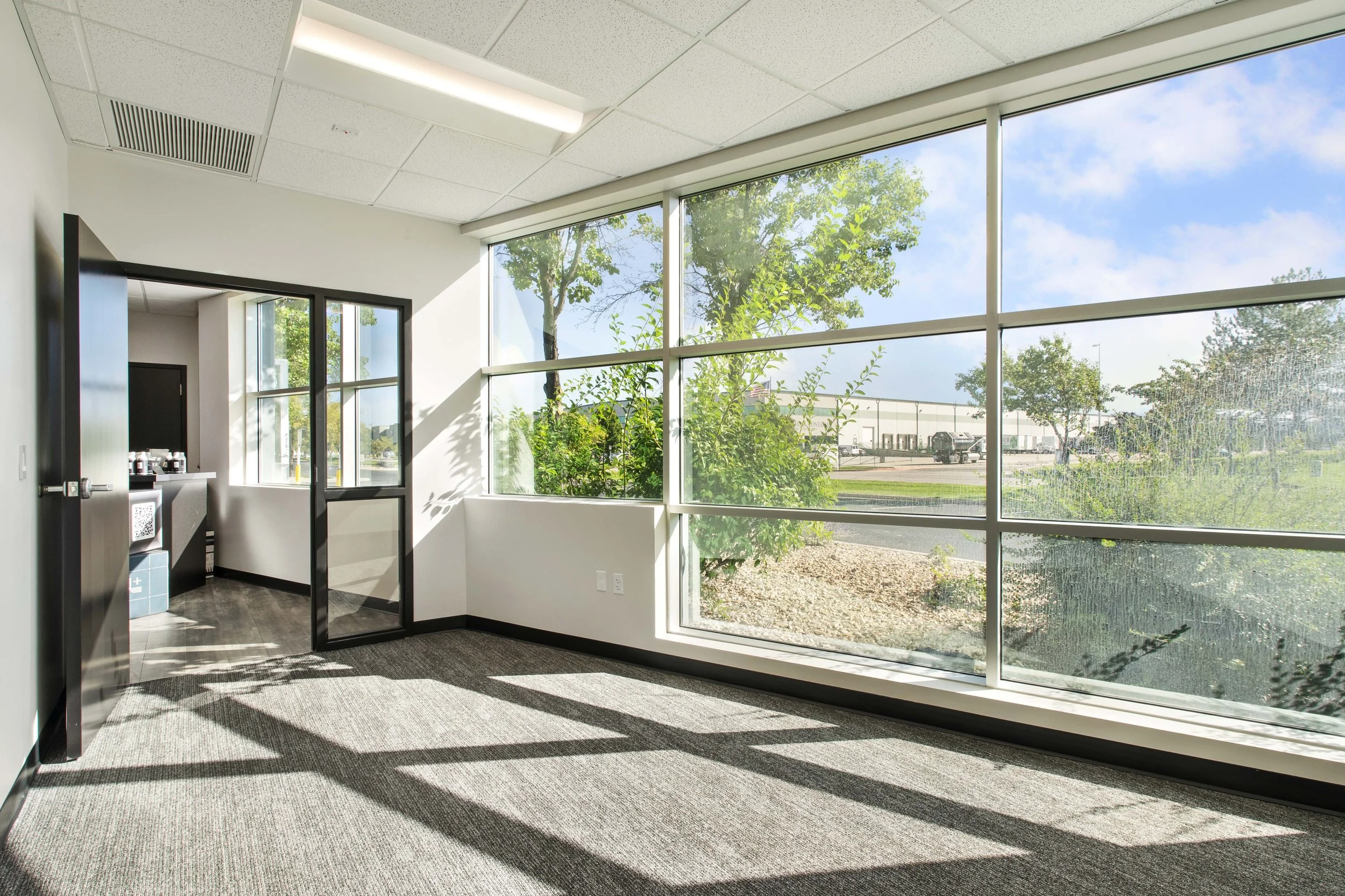 Empty office room with large windows, sunlight casting shadows on the carpeted floor, a black door leading to another area, and a small water cooler in the corner.
