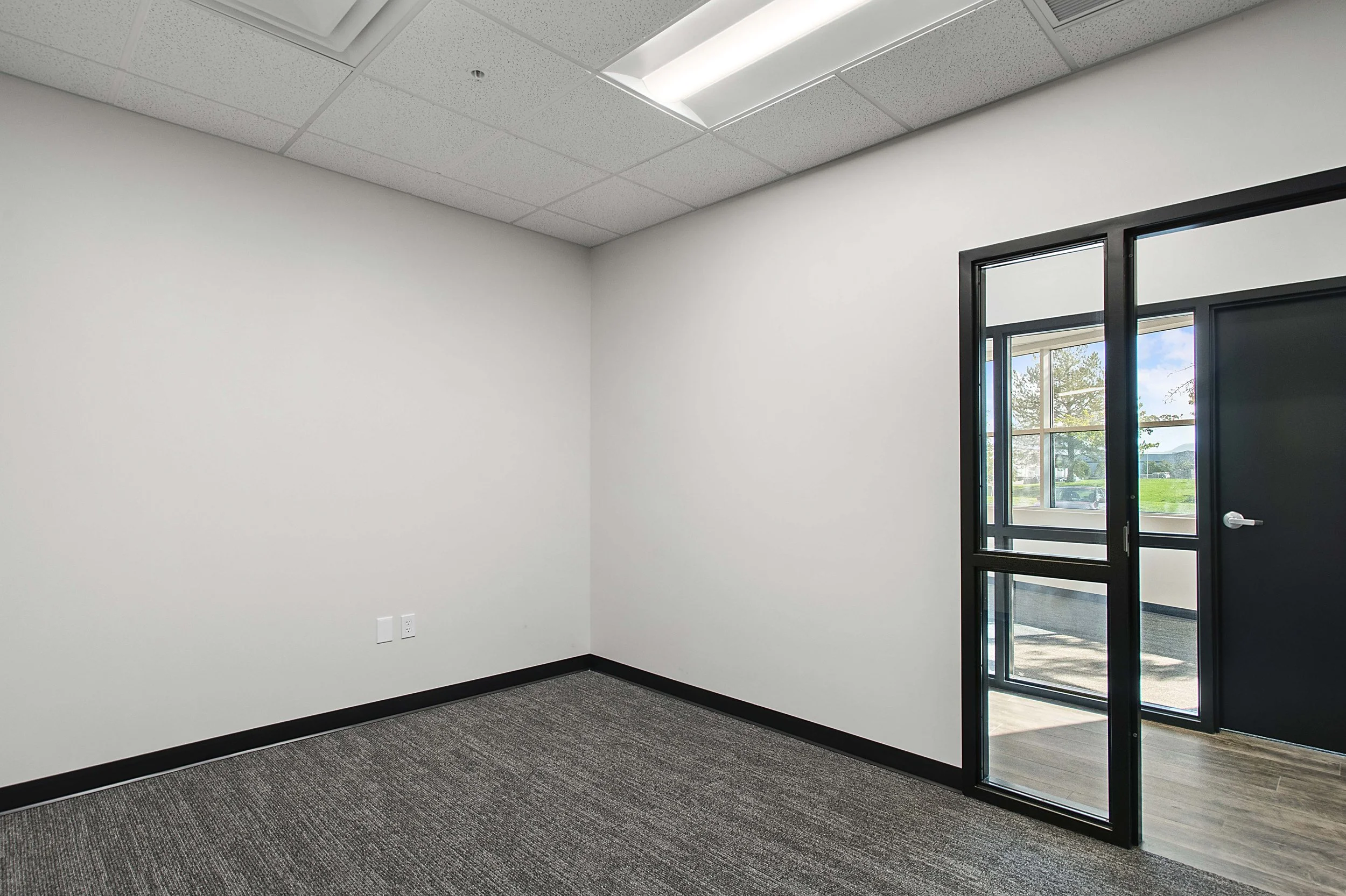 Empty office room with white walls, gray carpet, black trim, and a glass door leading to an outdoor area with trees and a parking lot.