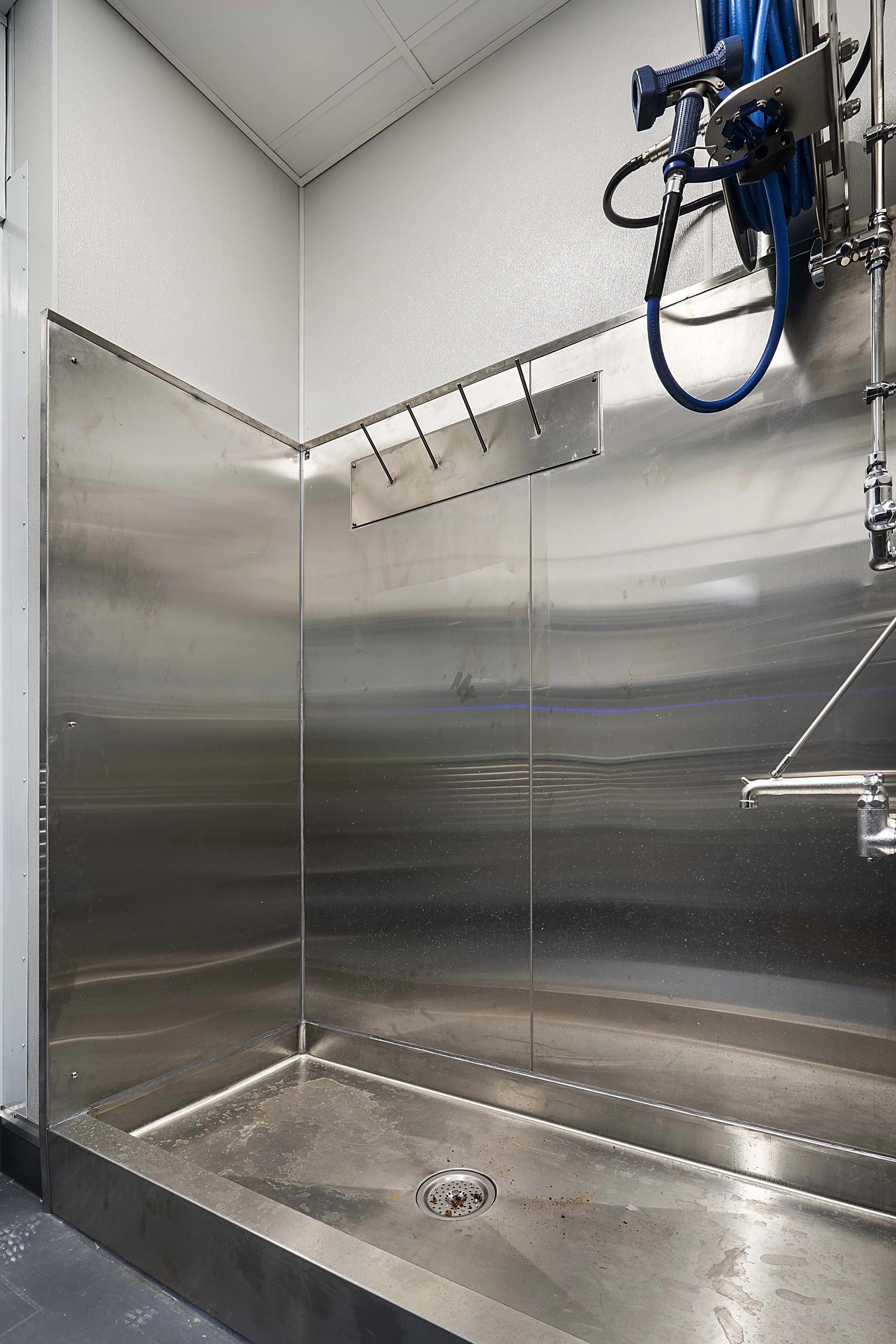 Stainless steel walk-in shower with a drain, a wall-mounted faucet, and a blue showerhead attached to a metal support.