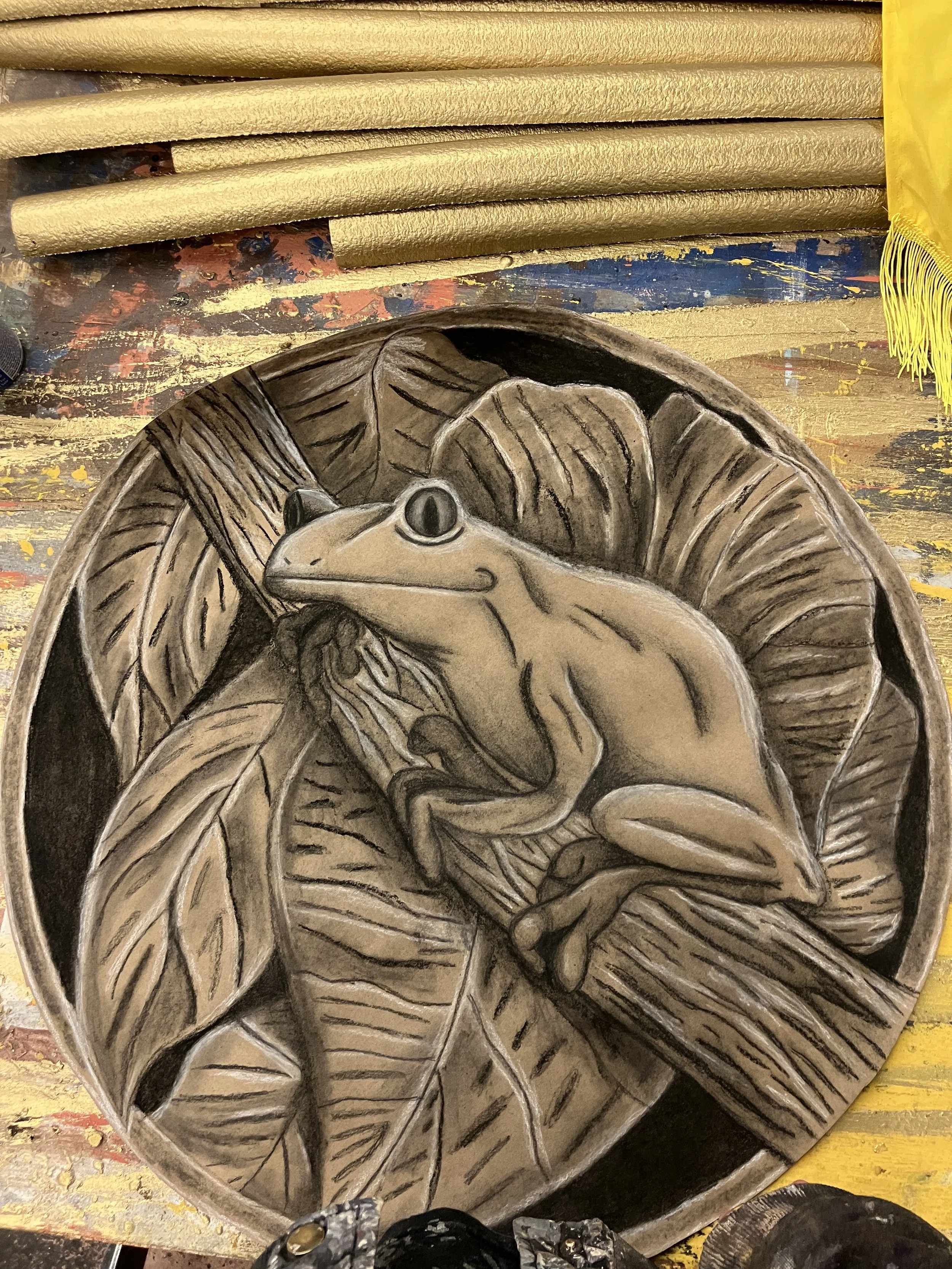 Charcoal drawing of Frog Medallion