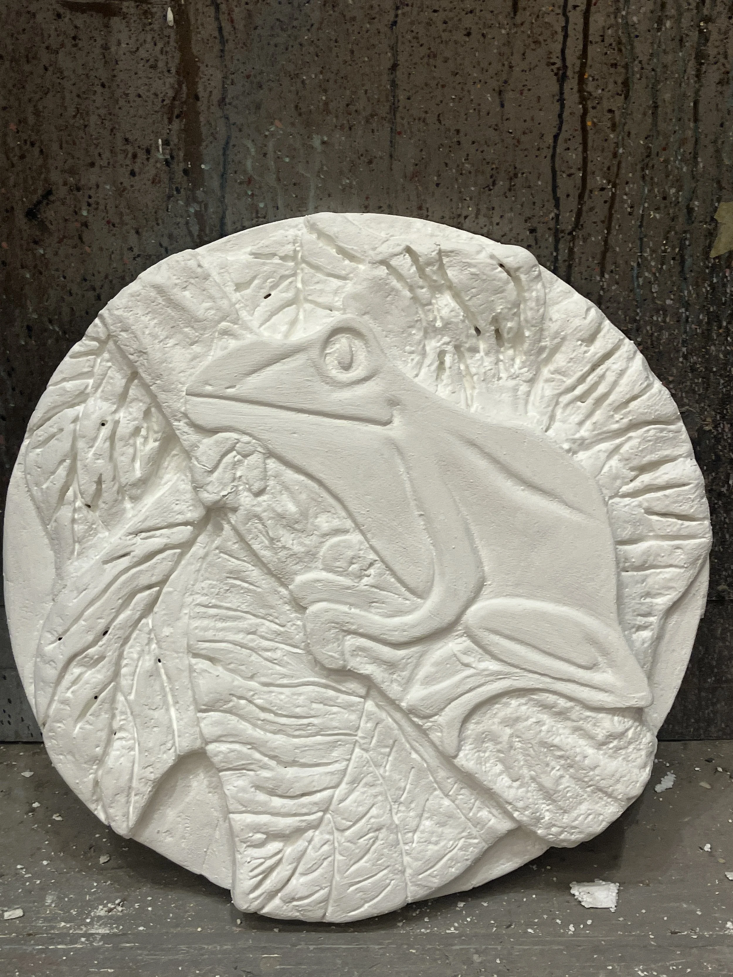 Frog Medallion subtractive foam carving.