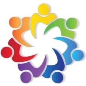 Colorful abstract logo with interconnected human figures in a circle.