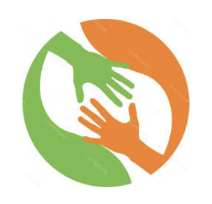 Logo with two hands, one green and one orange, forming a heart shape in the center.