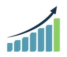 A bar graph with blue bars increasing in height from left to right, topped with a black upward arrow indicating growth or progress.