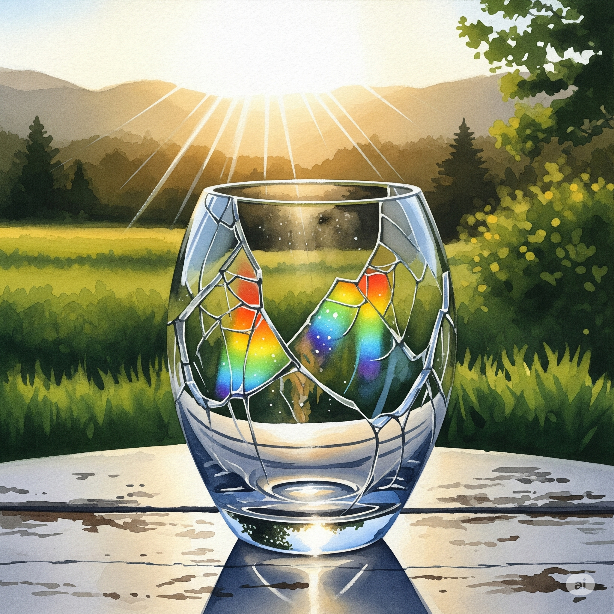A broken glass with rainbow reflections sitting on a wooden surface outdoors, with green fields, trees, mountains, and the sun in the background.