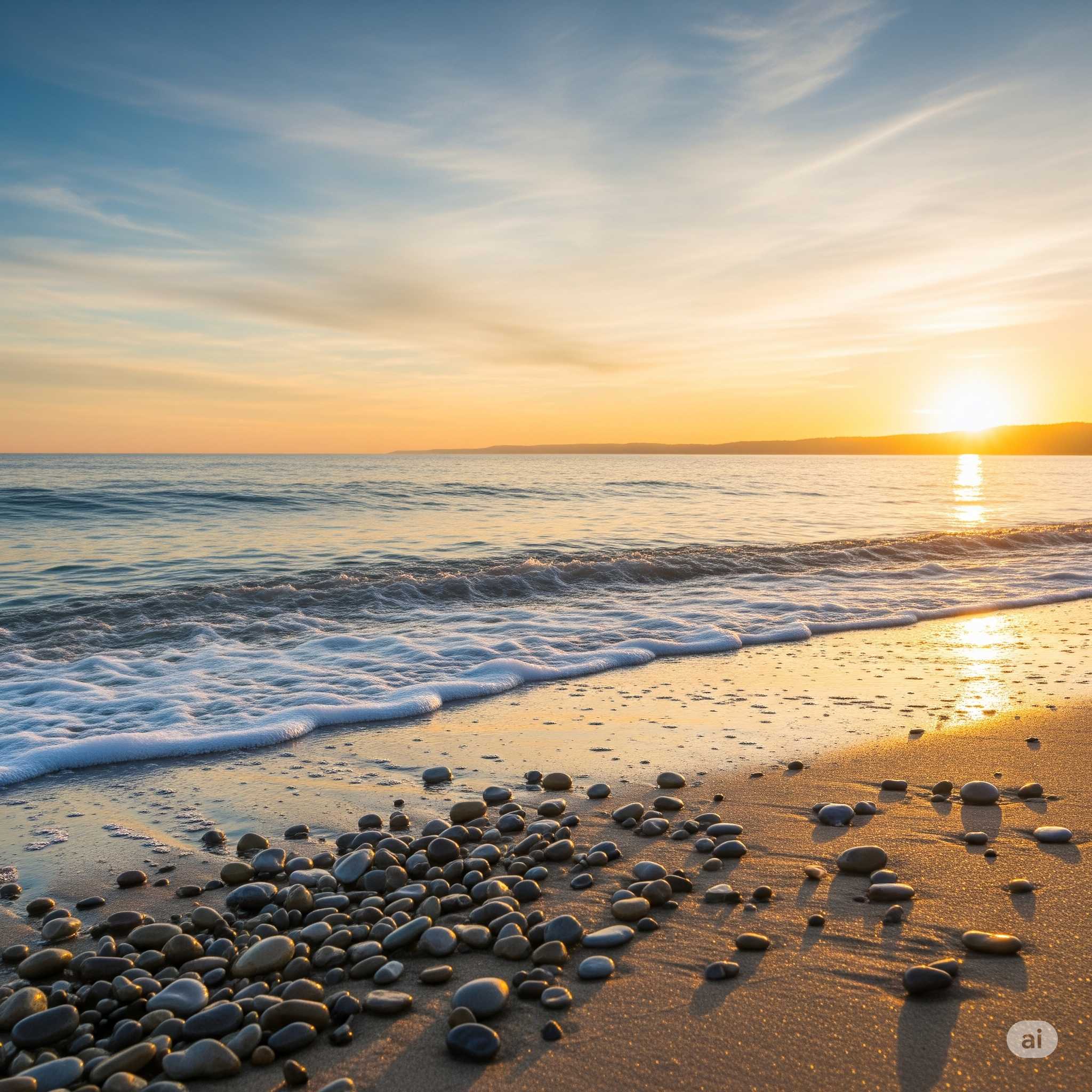 Sunset over the ocean with gentle waves, sandy beach in the foreground, and smooth pebbles scattered on the shore.