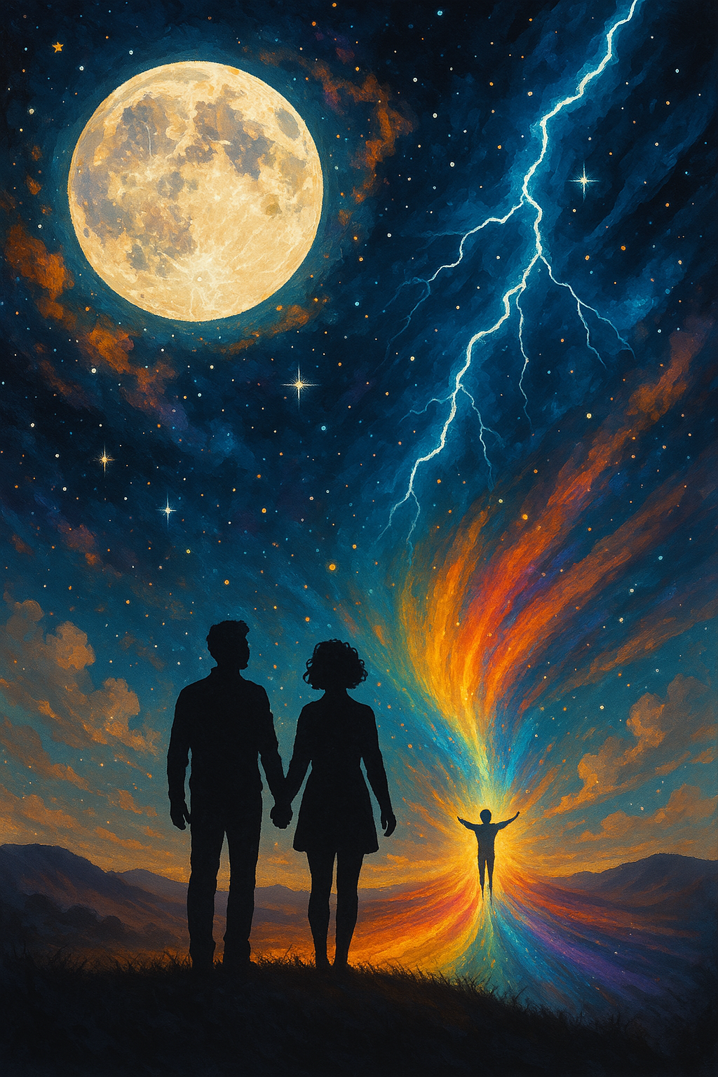 Create a vibrant photo-realistic image without using words or letters or visible faces (silhouettes are fine). The image should complement the theme_ Revelations, Breakthroughs & the Power of Authenticity. Include elements like cosmic inten.png
