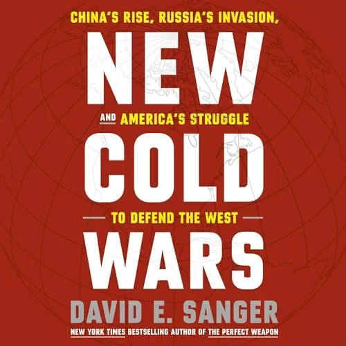 Book cover titled "New Cold Wars" by David E. Sanger, with a red background and white and yellow text discussing global conflicts and America's struggles.