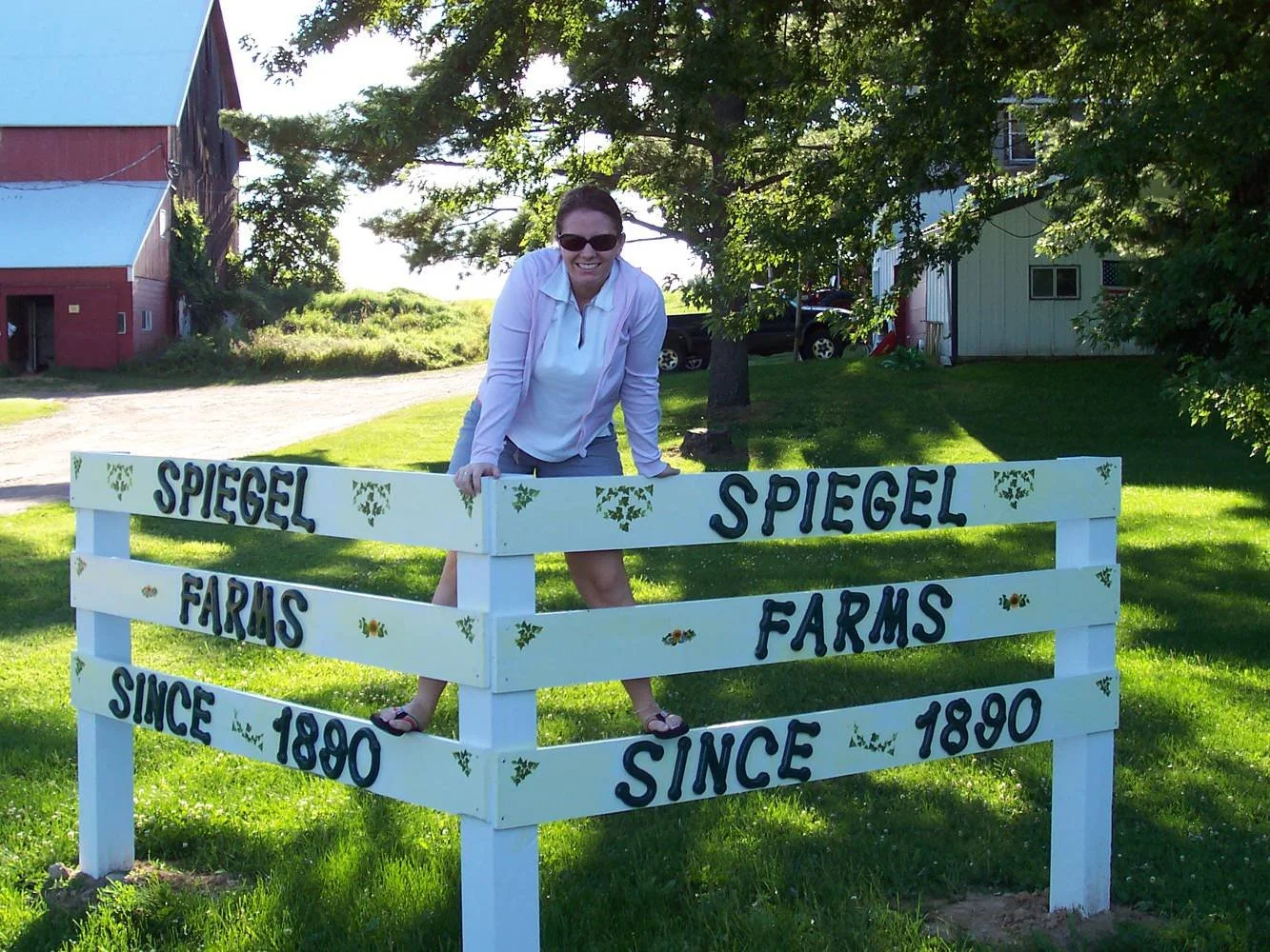 Farm scene with a large green tree, a barn with silos, and a field of young crops under a cloudy sky.