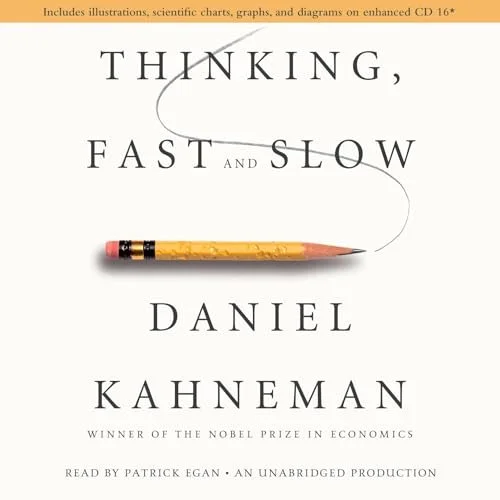 Book cover for "Thinking, Fast and Slow" by Daniel Kahneman, featuring a yellow pencil with an eraser on the left side and a wavy line representing a thought process.