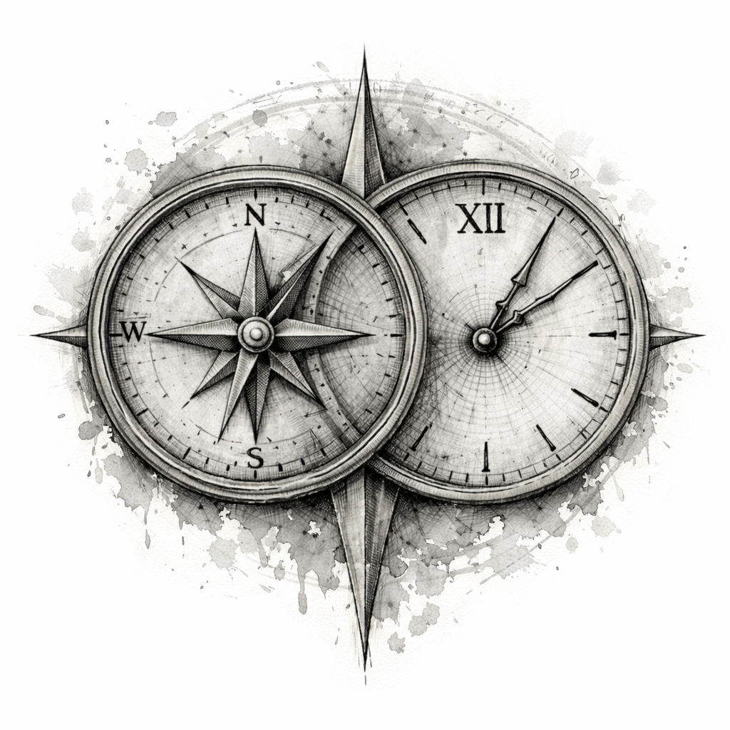 Black and white digital illustration of a compass and clock, with the compass pointing northwest and the clock showing 2:07.