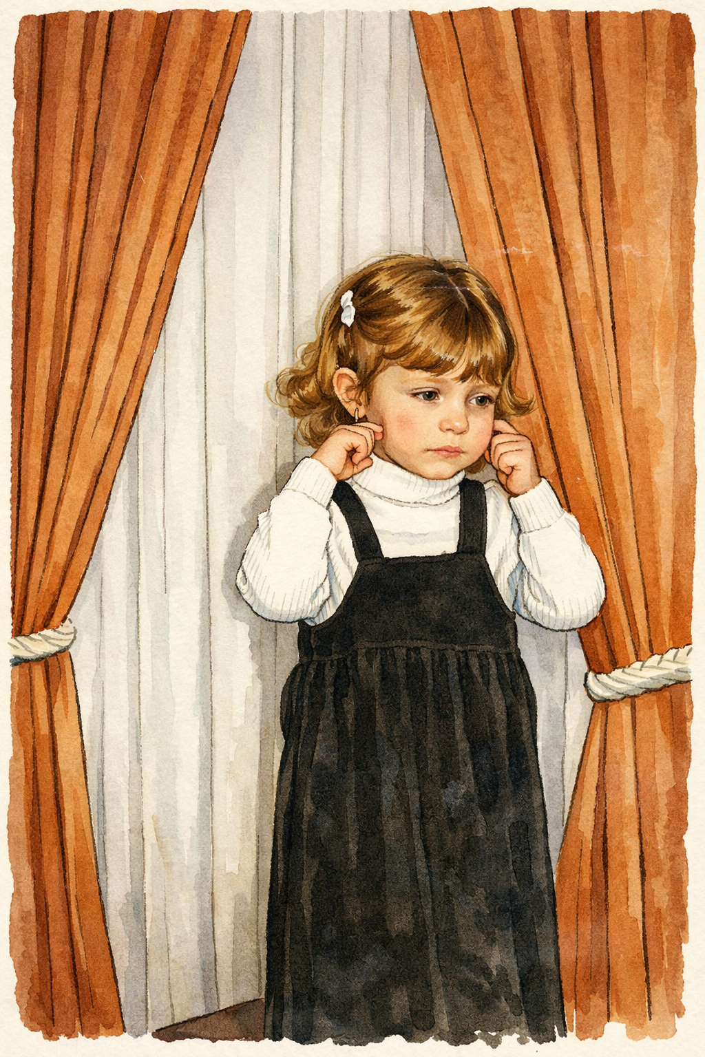 A young girl with brown hair and a white hair clip is standing between orange curtains, covering her ears with her hands and looking sad.