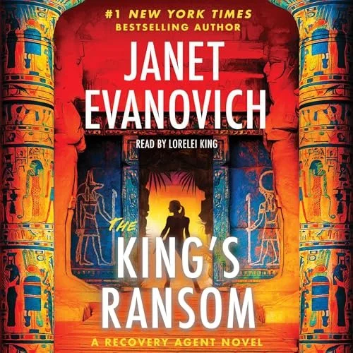 Cover of a book titled 'The King's Ransom' by Janet Evanovich, with a silhouette of a woman at an Egyptian temple entrance surrounded by hieroglyphics.