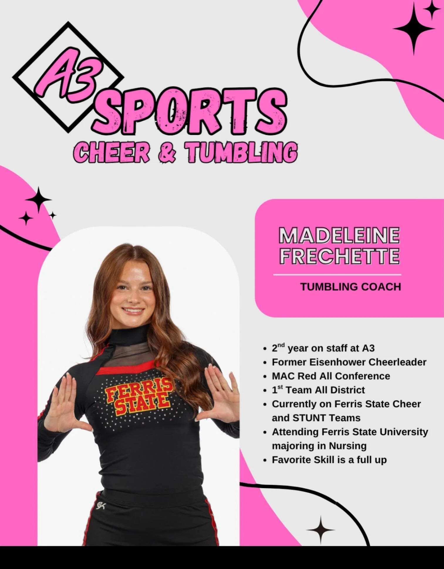 Say hello to Madeleine 👏
A passionate tumbling coach who brings encouragement, positivity, and strong technique to every practice! 🩷💜
