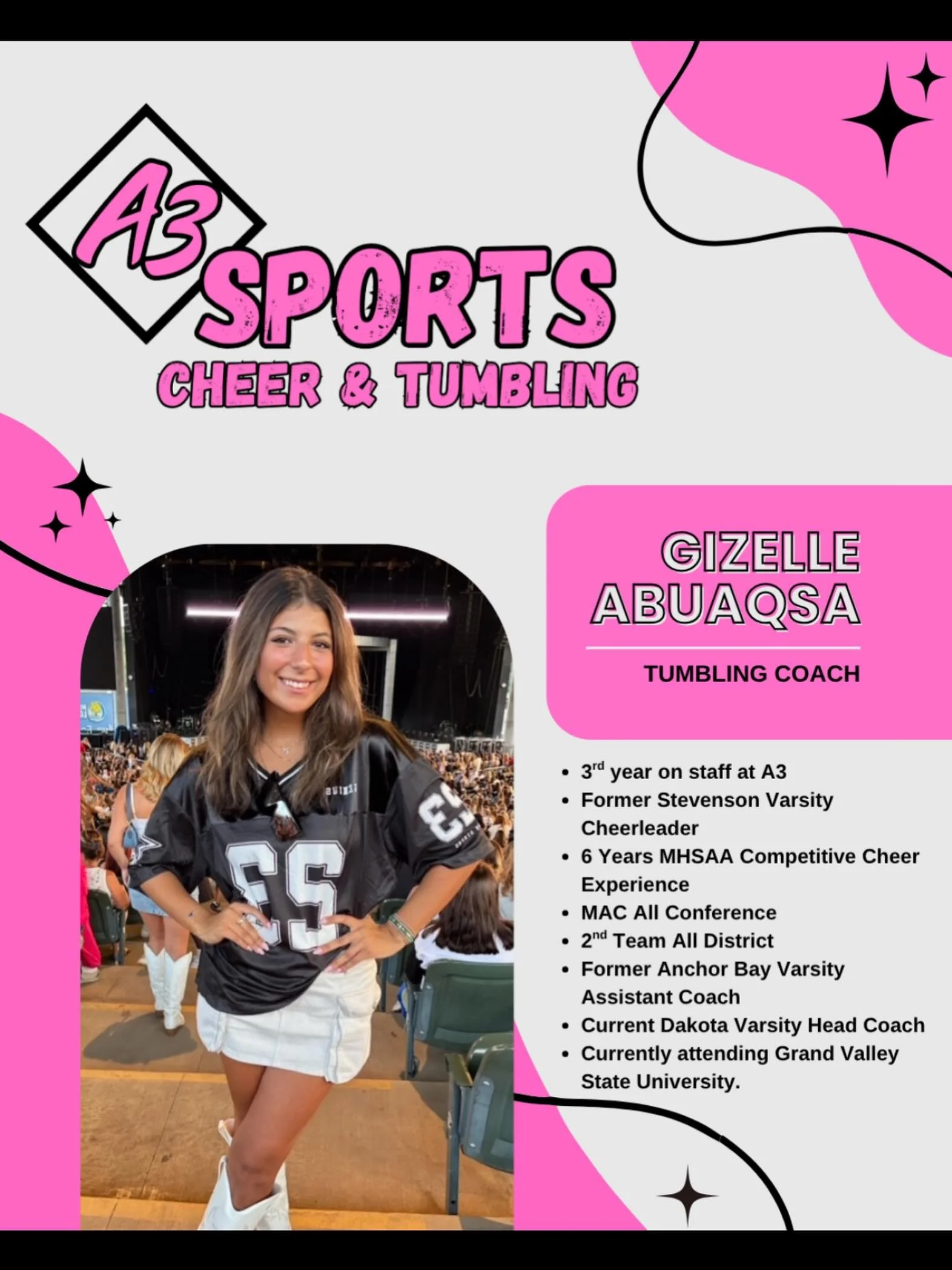 Reintroducing Gizelle &mdash; passionate, detail oriented, and dedicated to helping every athlete grow with confidence. From tumbling to cheer, she brings positive energy, strong leadership, and a love for the sport to every practice. ✨🩷💜