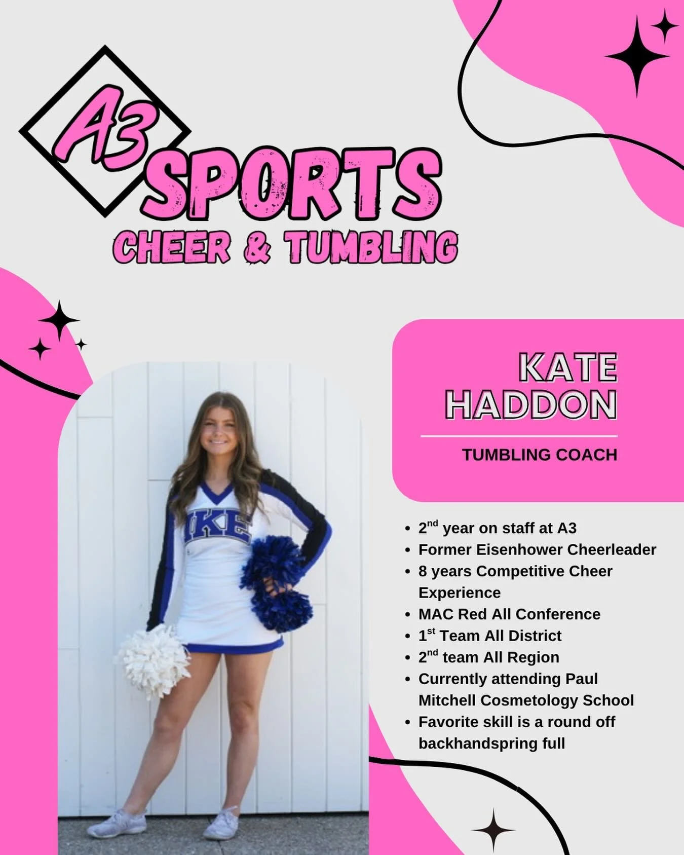 Say hello to Coach Kate 🤍
Supportive, motivated, and passionate about tumbling. She loves helping athletes push past their goals while keeping the gym positive and fun! ✨🤸&zwj;♀️