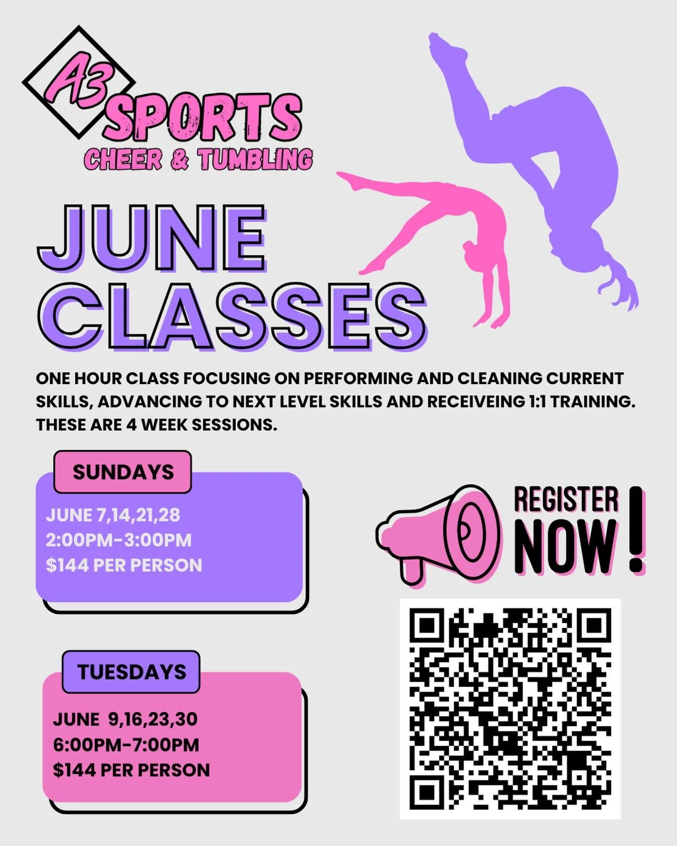 Registration for our June classes is officially open! We&rsquo;re here to help athletes build confidence, gain new skills, and reach their goals this summer. Sign up on our web site to reserve your spot! 🩷💜🤸🏻&zwj;♀️✨