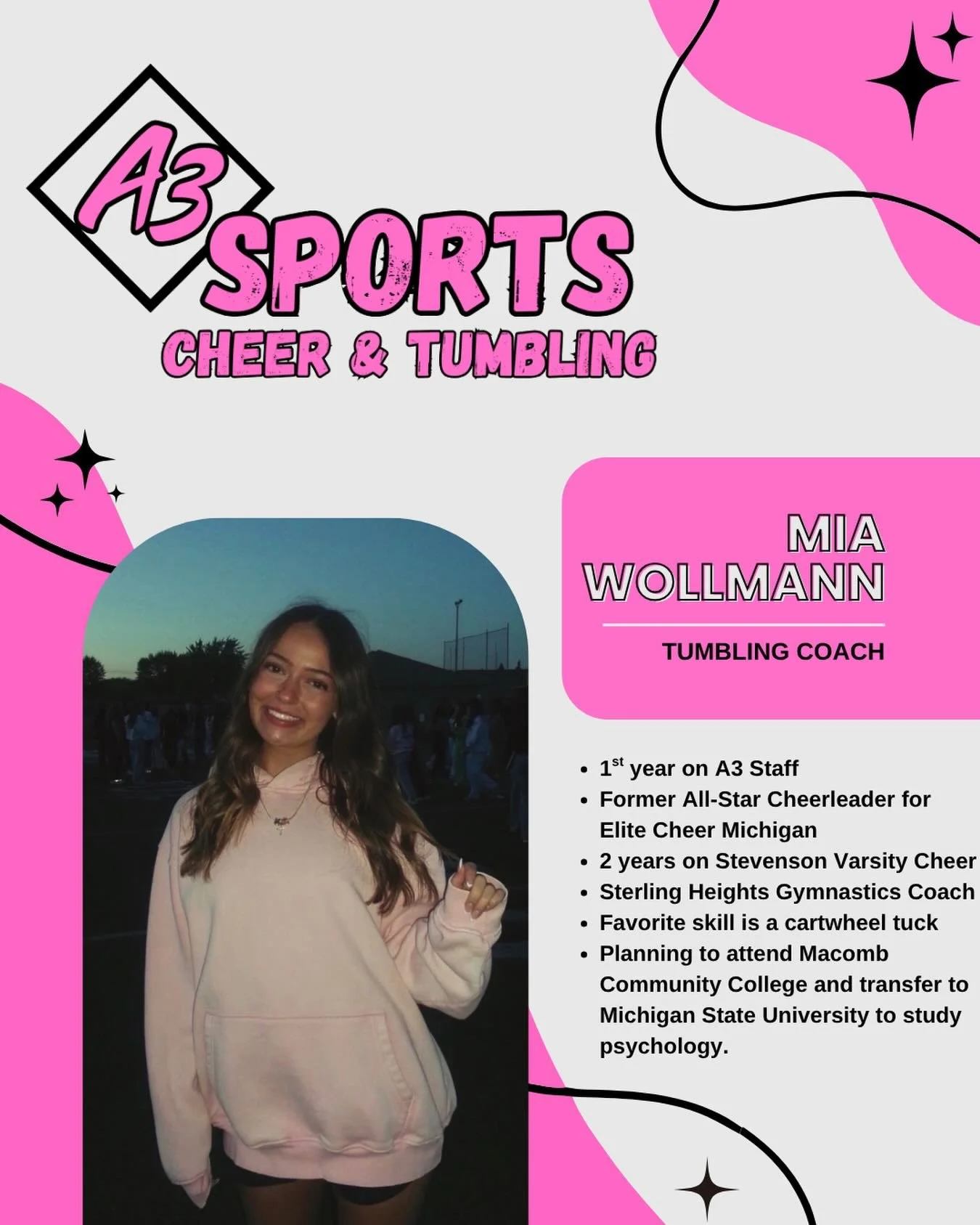 ✨ Say hello to Mia✨
We&rsquo;re so excited to have Mia join our team as a Tumbling Coach! Her passion, energy, and dedication to helping athletes grow make her an amazing addition to our staff. We can&rsquo;t wait for our athletes to learn, gain conf