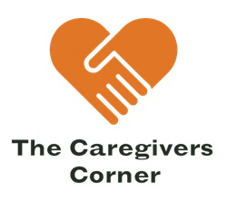 A heart-shaped icon with a handshake inside, above the text "The Caregivers Corner".