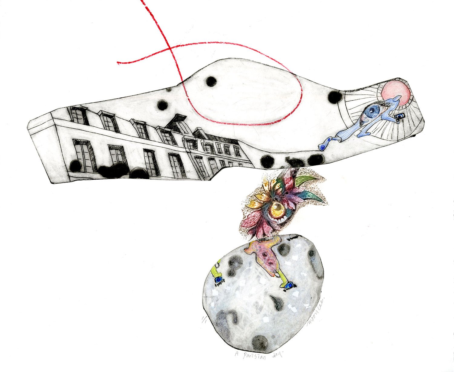 A Parisian Day, 2026, 15" x 16", monoprint, drypoint, color ink, $650.