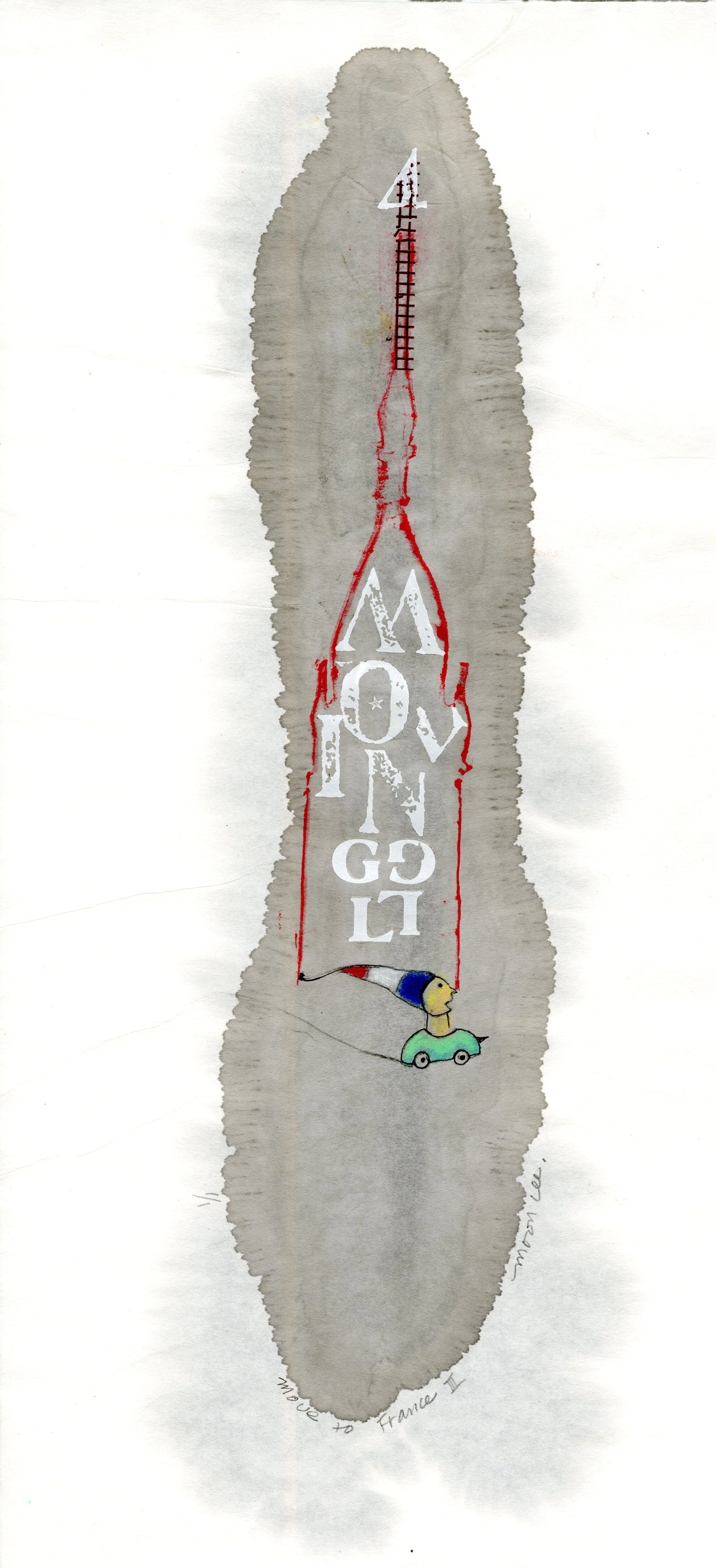 Move to France III, 2026, 8" x 17.5", monoprint, oil pastel, sumi ink, hand sketch, $250.