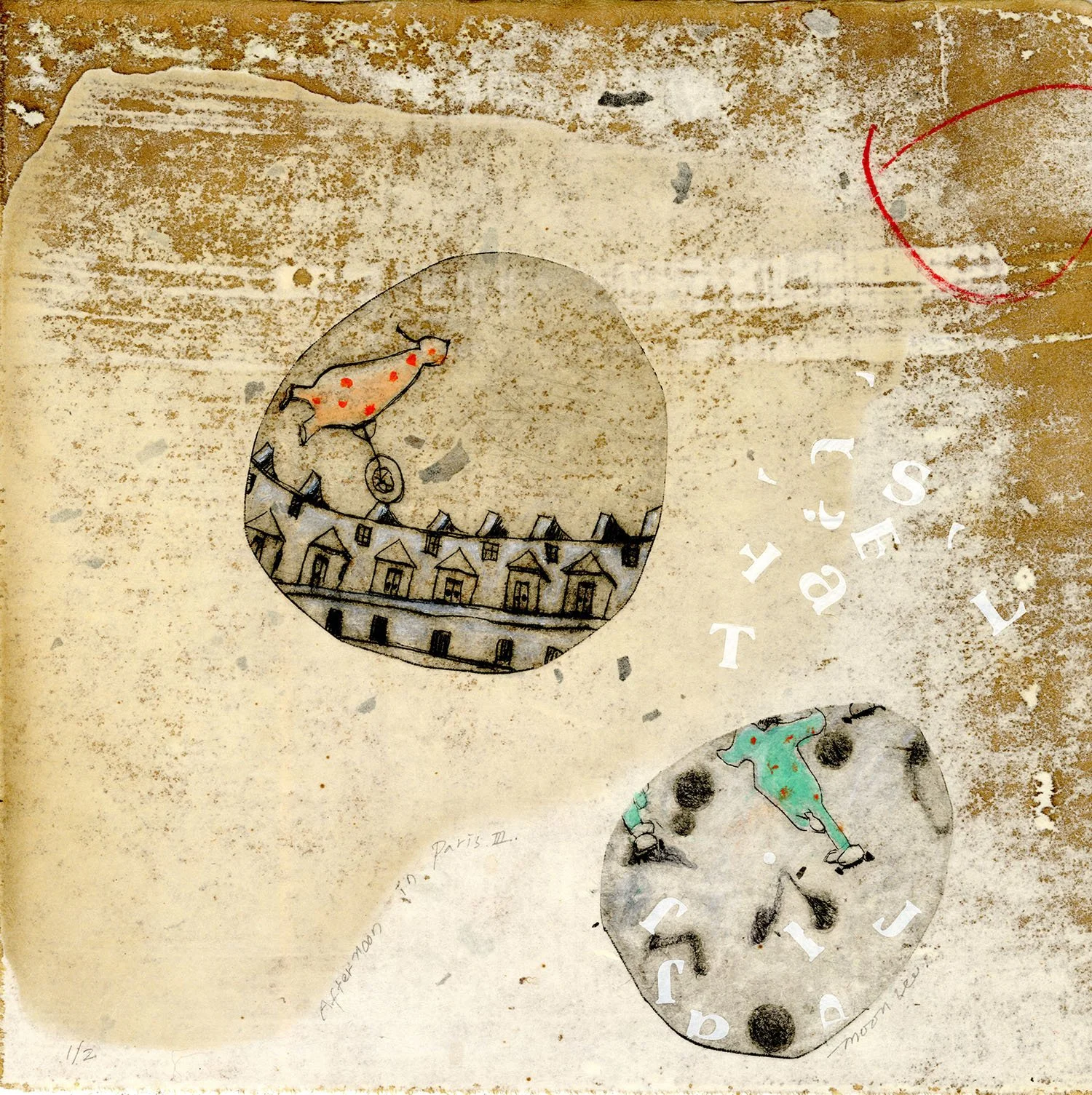 Afternoon in Paris III, 2026, 12.7" x 12.2", drypoint, monoprint, colored ink, $450.