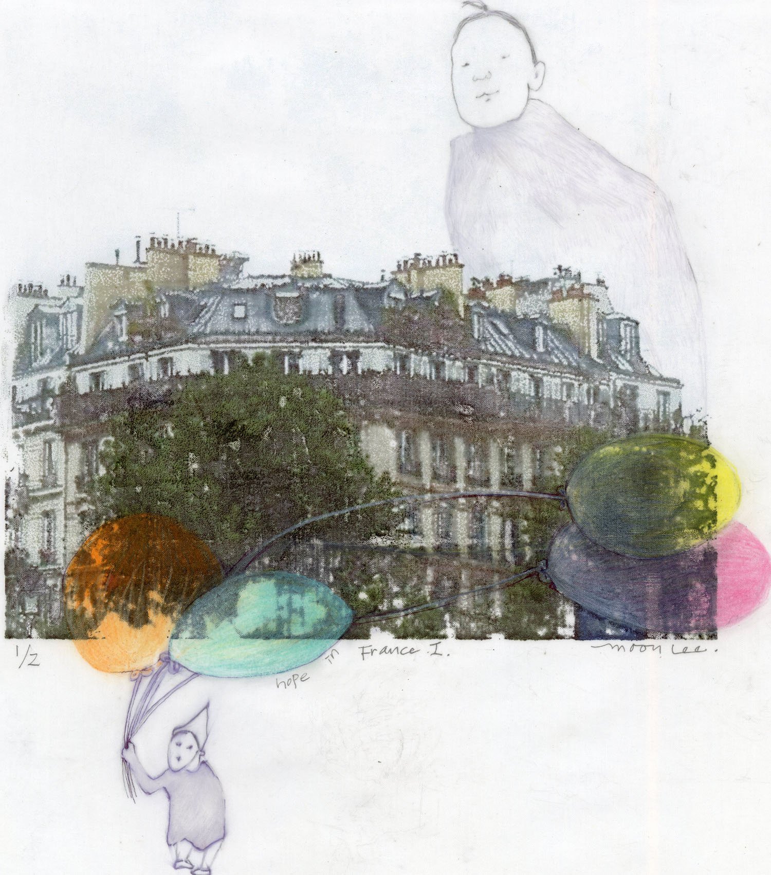 Hope in France I, 2026, 14" x 18.7", photo transfer, drawing, color ink, $550.