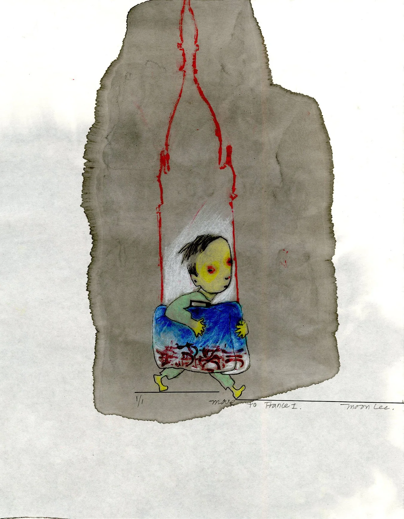 Move to France I, 2026, 9.4" x 12", monoprint, sumi ink, hand sketch, $325.