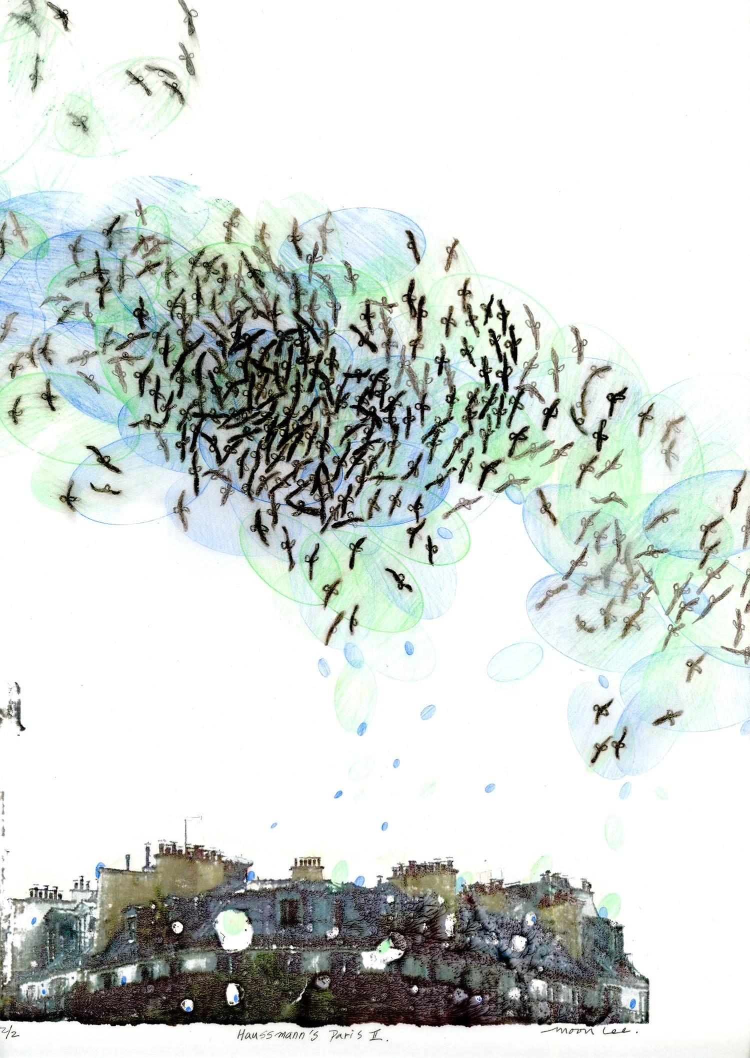 Haussmann's Paris II, 2026, photo transfer, color ink, drawing, $650.