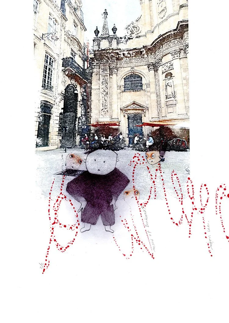 Mood of Bordeaux IV, 2026, 12.5" x 19", photo transfer, monoprint, drawing, $650.