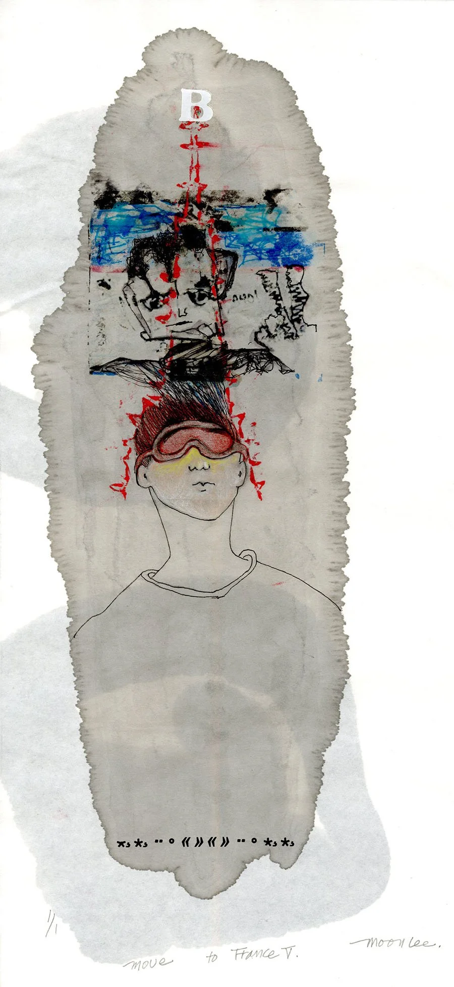 Move to France V, 2026, 6.7" x 17.5", monoprint, sumi ink, oil pastel, hand sketch, $250.