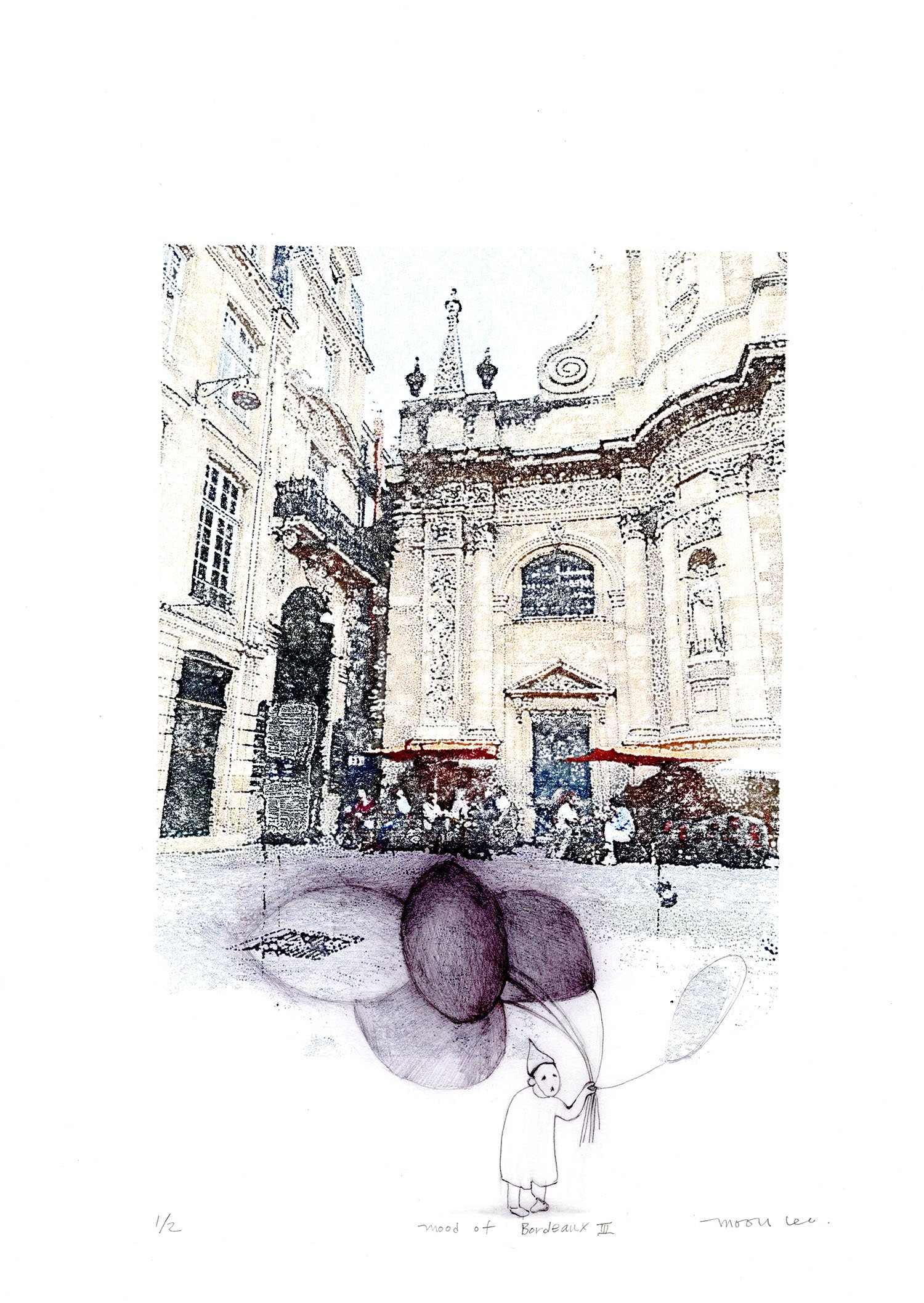 Mood of Bordeaux III, 2026, 12.5" x 19", photo transfer, monoprint, drawing, $650.