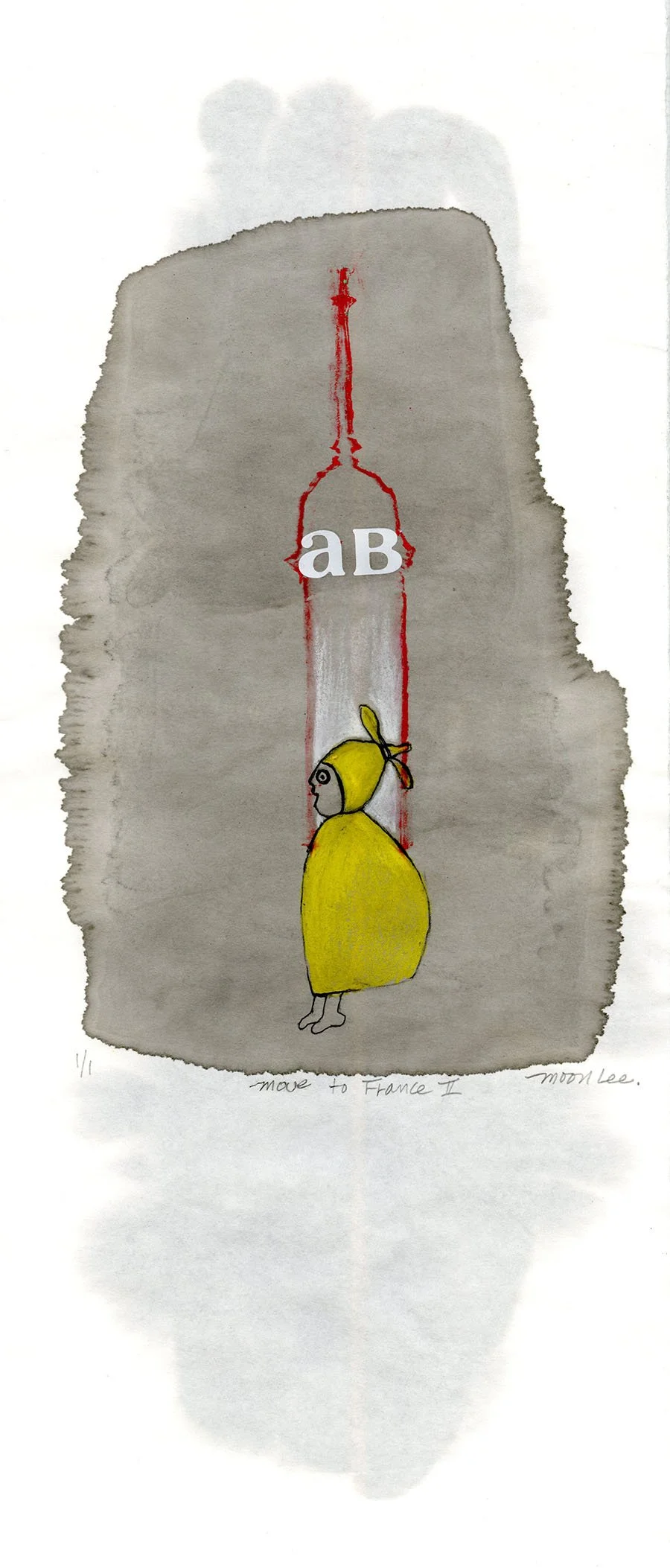 Move to France II, 2026, 7" x 17.5", monoprint, sumi ink, oil pastel, hand sketch, $250.