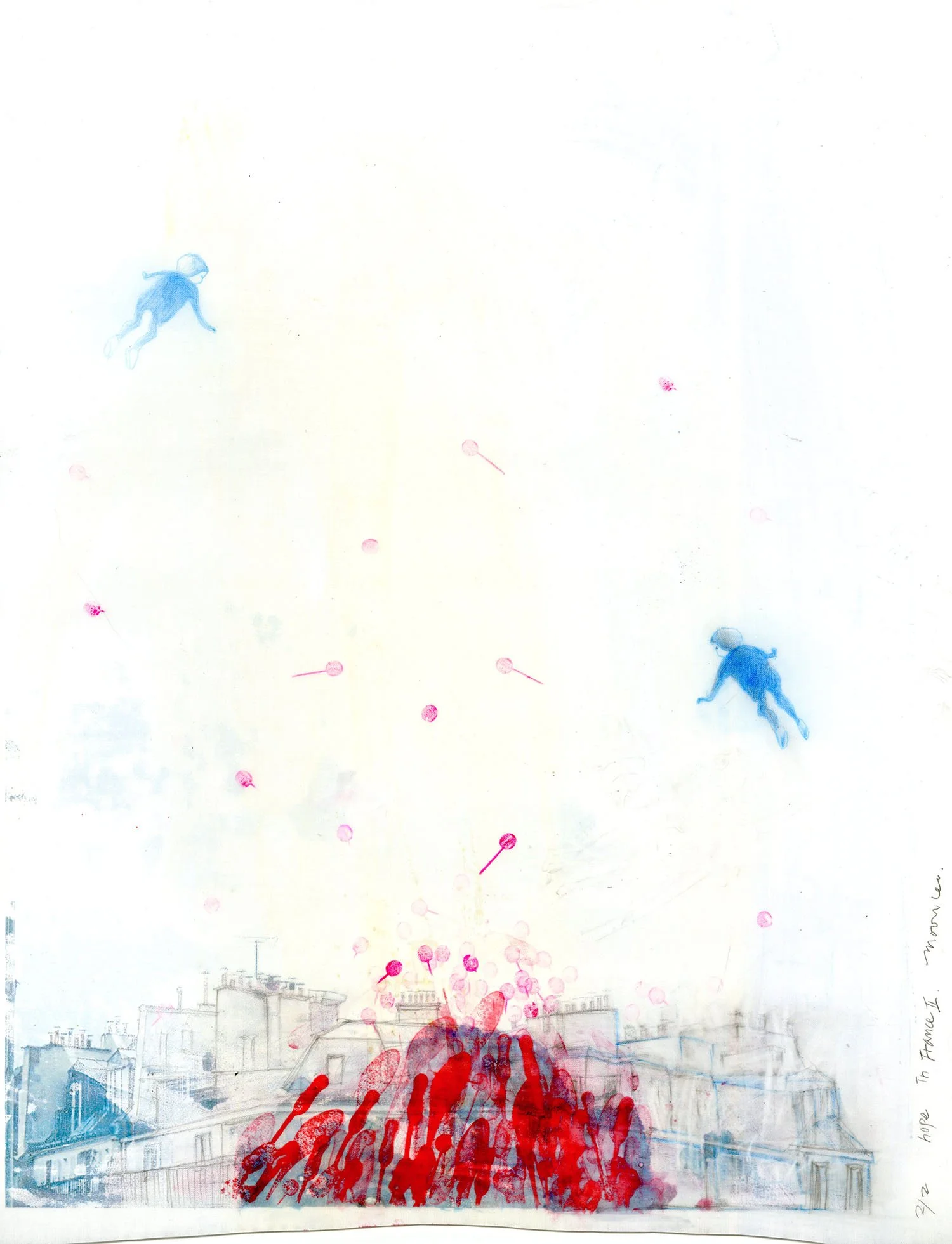 Hope in France II, 2026, 14" x 15.4", photo transfer, color ink, drawing, $500.