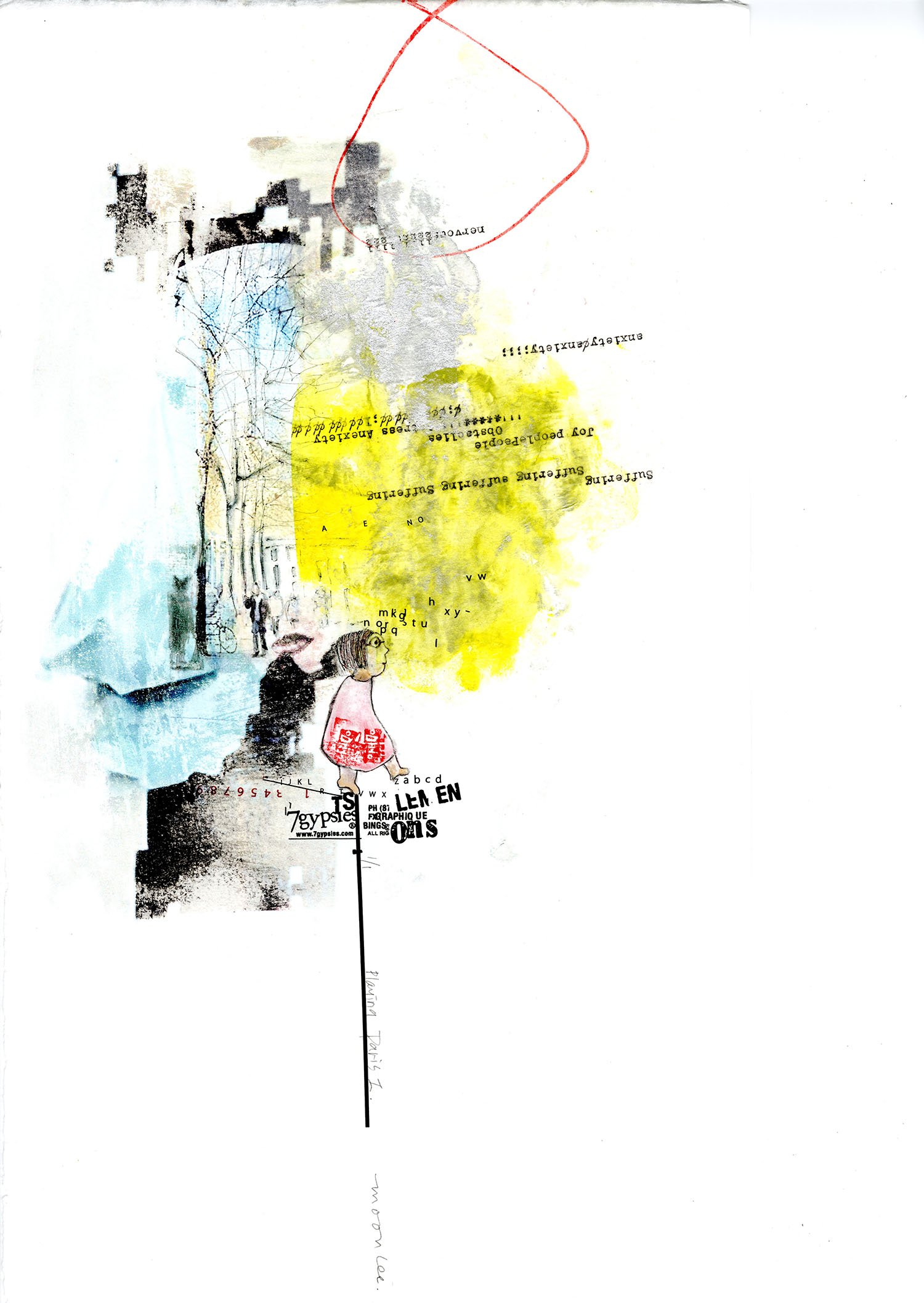 Playing Paris I, 2026, 10" x 22.6", photo transfer, color ink, drawing, $350.