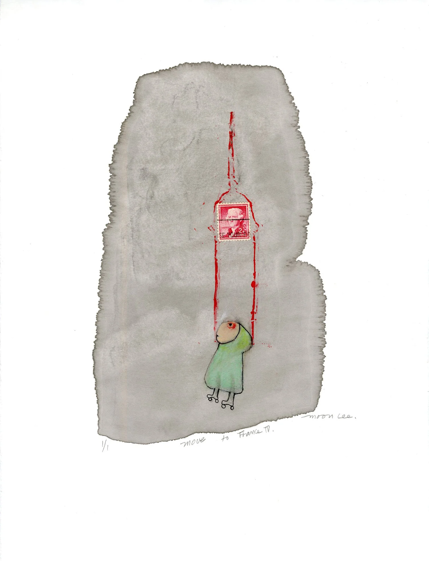 Move to France IV, 2026, 11" x 17", monoprint, sumi ink, oil pastel, hand sketch, $250.