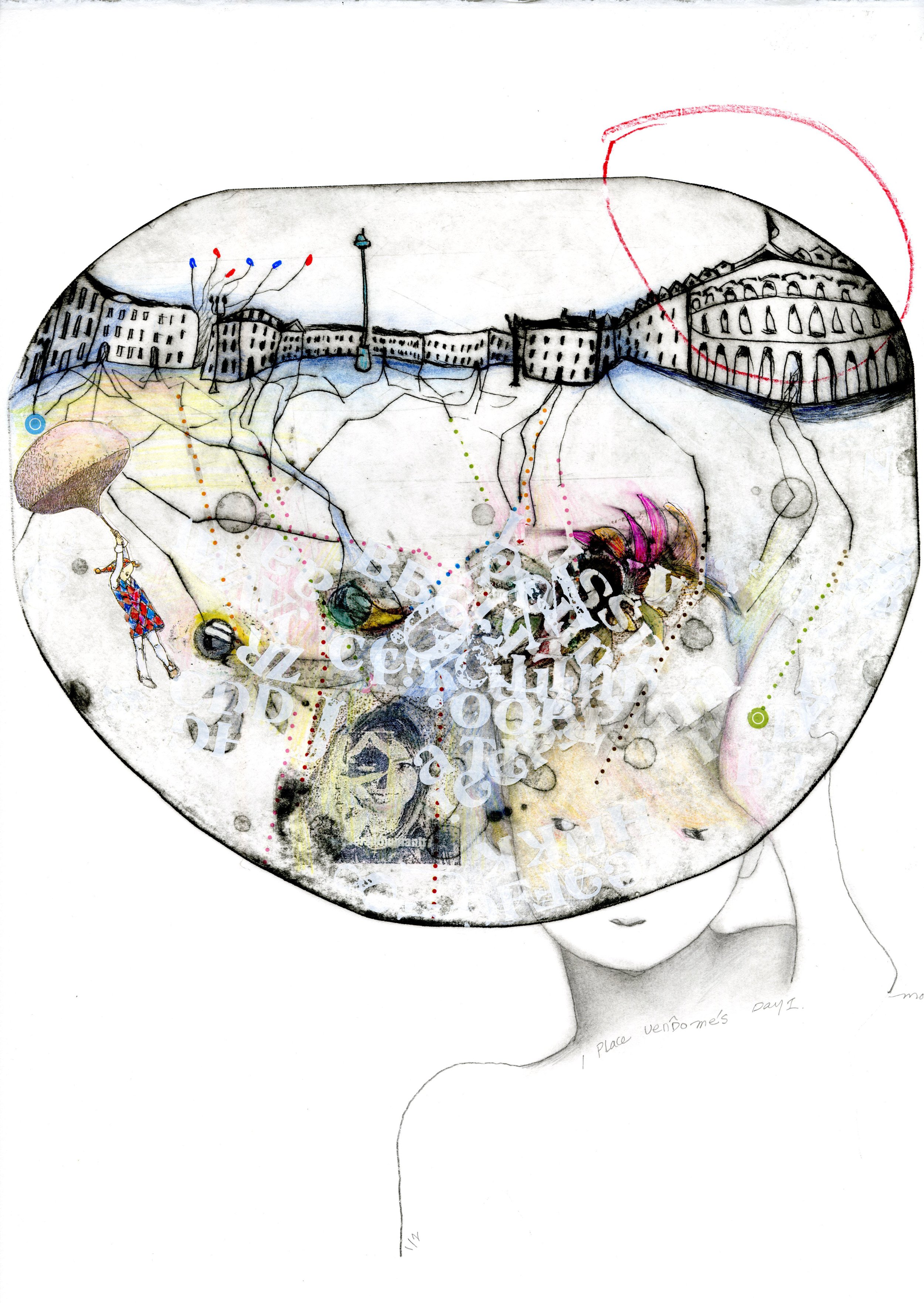 1 Place Vendome's Day I, 2026, 15" x 22", monoprint, drypoint, color ink, $700.