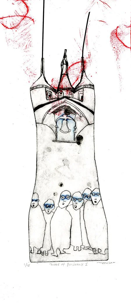 Mood of Bordeaux I, 2026, 7.5" x 22", drypoint, monoprint, color ink, $650.