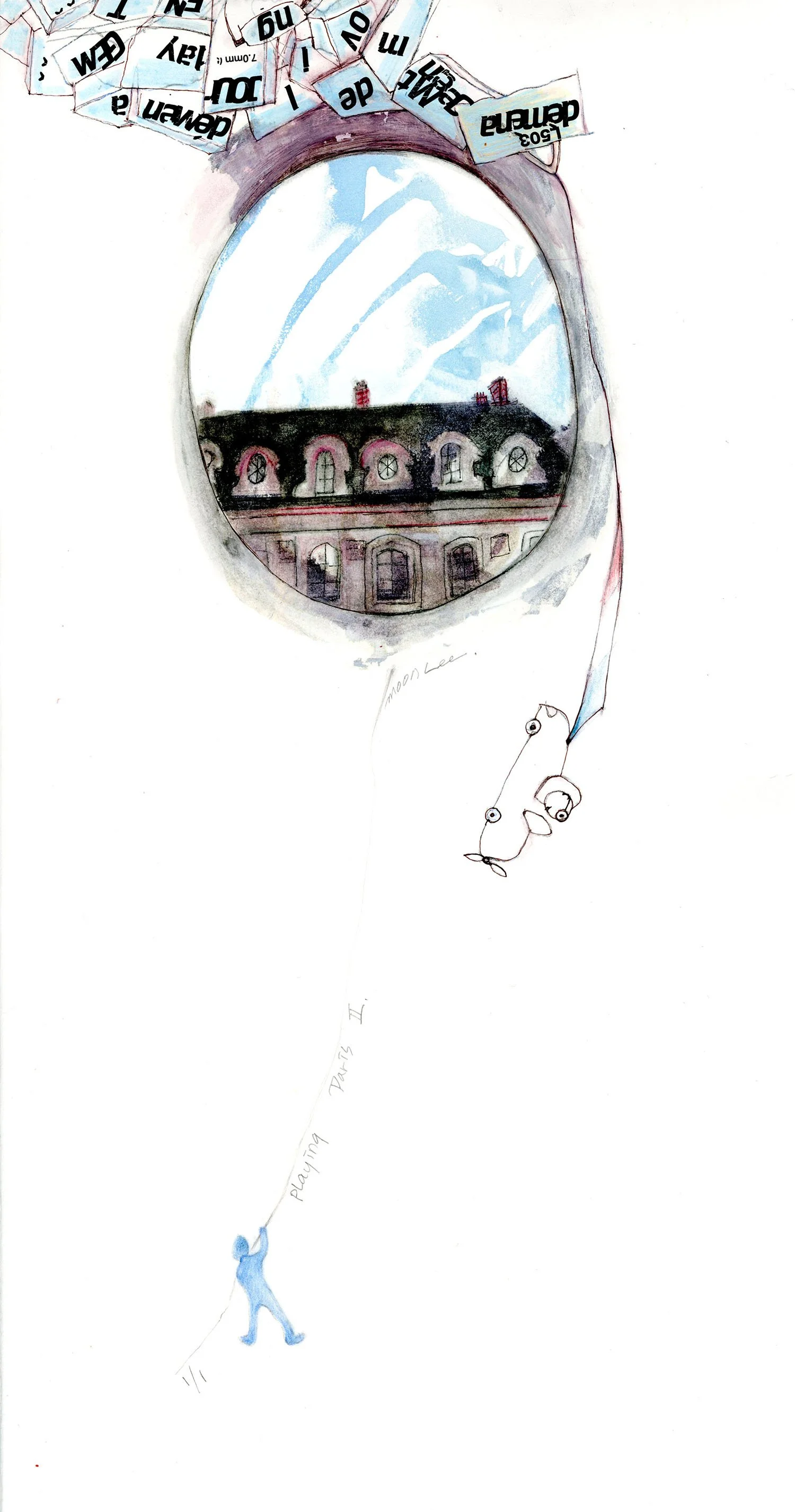 Playing Paris II, 2026, 9.2" x 19.7", photo transfer, drawing, $350.