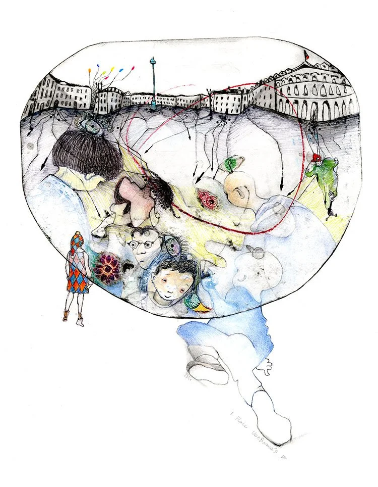 1 Place Vendome's Day II, 14.8" x 22.7", 2026, drypoint, monoprint, colored ink, $650.