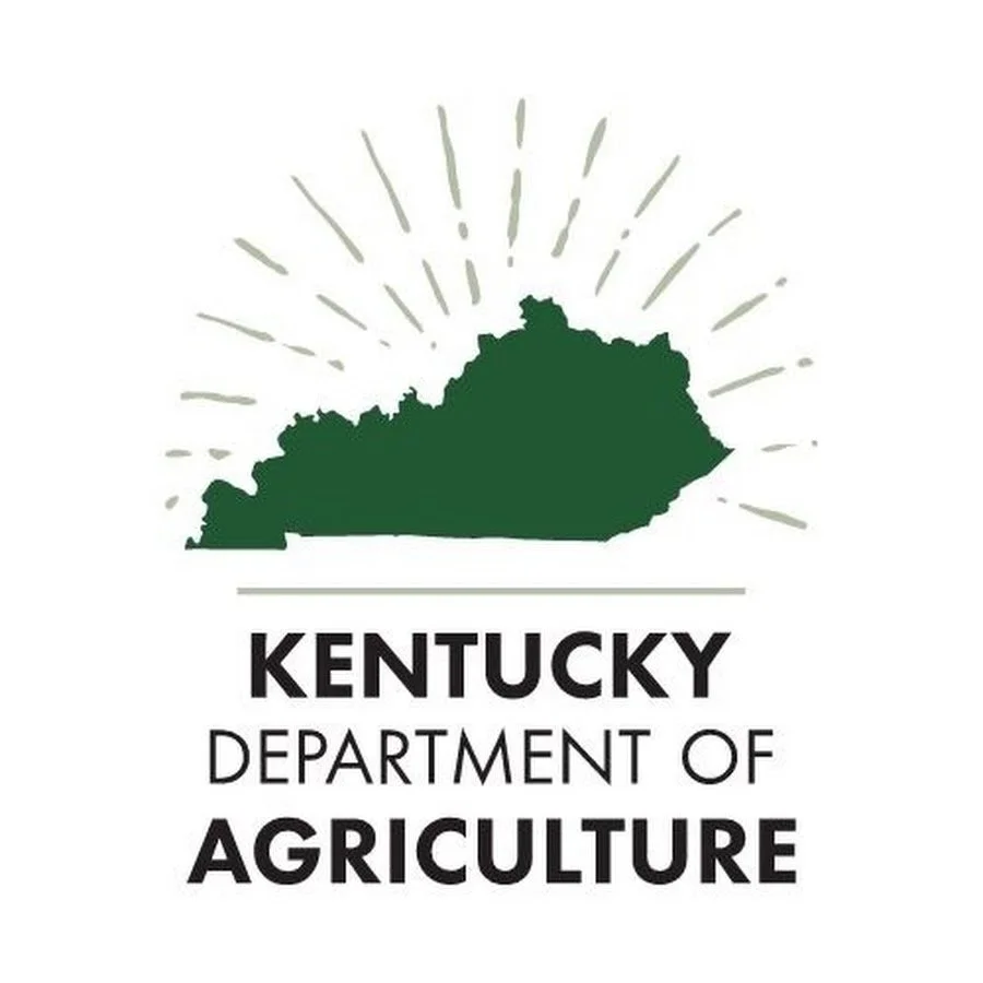 Silhouette of the state of Kentucky with sun rays above, and text below that reads 'Kentucky Department of Agriculture'.