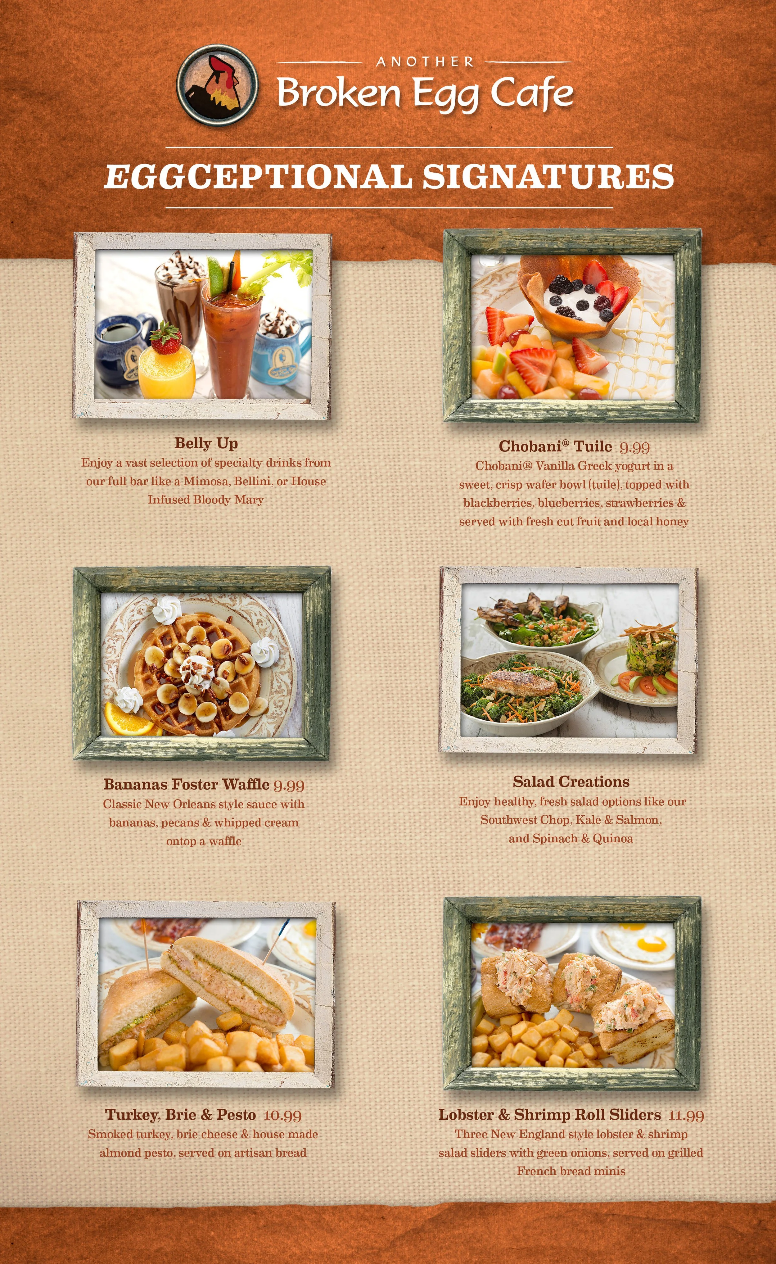 Menu from Another Broken Egg Cafe featuring breakfast and lunch items like specialty drinks, Chobani Tuile, Bananas Foster Waffle, salad creations, Turkey Brie & Pesto sandwich, and Lobster & Shrimp Roll Sliders.