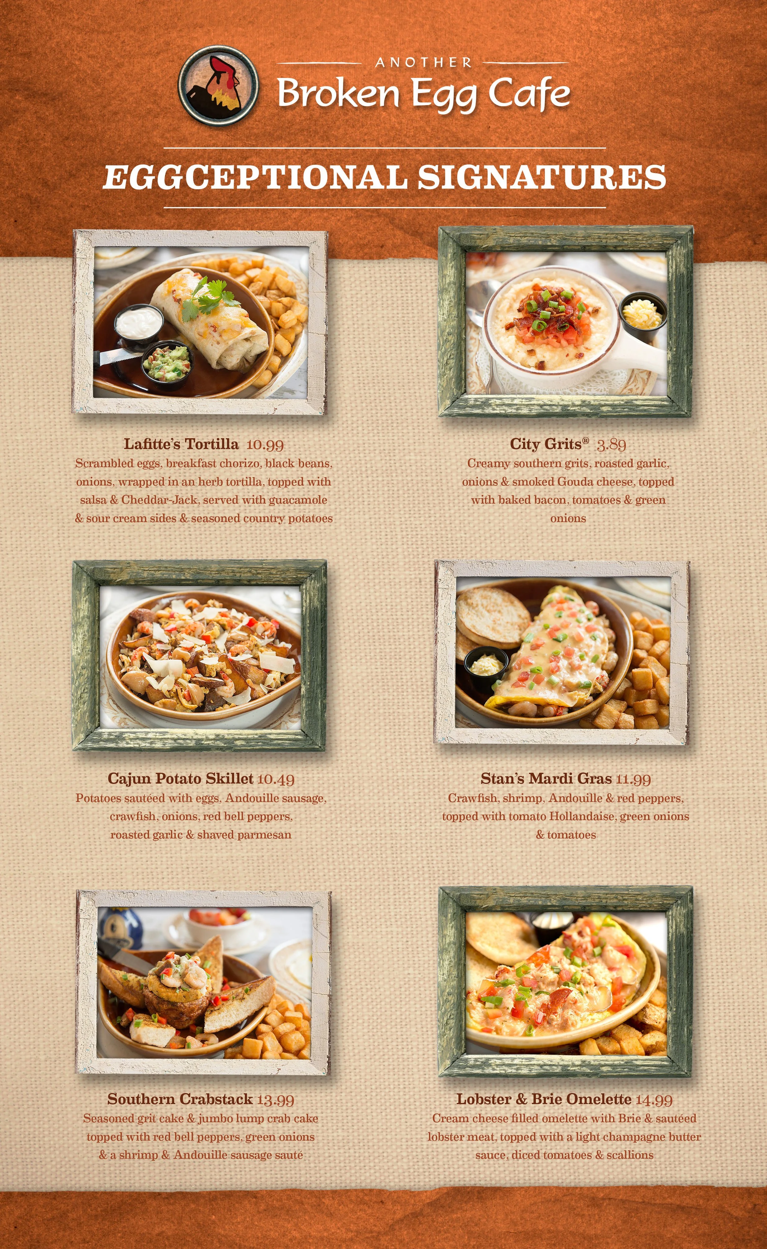 Menu from Another Broken Egg Cafe titled "Eggceptional Signatures" featuring six dishes: Lafitte's Tortilla with eggs and chorizo, City Grits with Gouda cheese, Cajun Potato Skillet with sausage and crawfish, Stan's Mardi Gras with shrimp and Holland