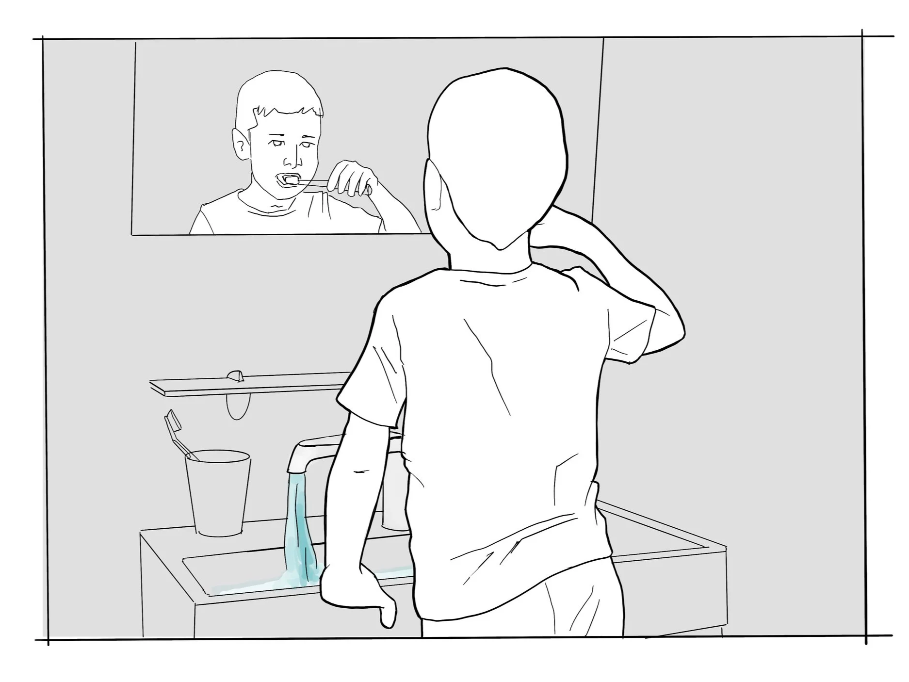1. In the morning, Alex brushes his teeth with the faucet running.