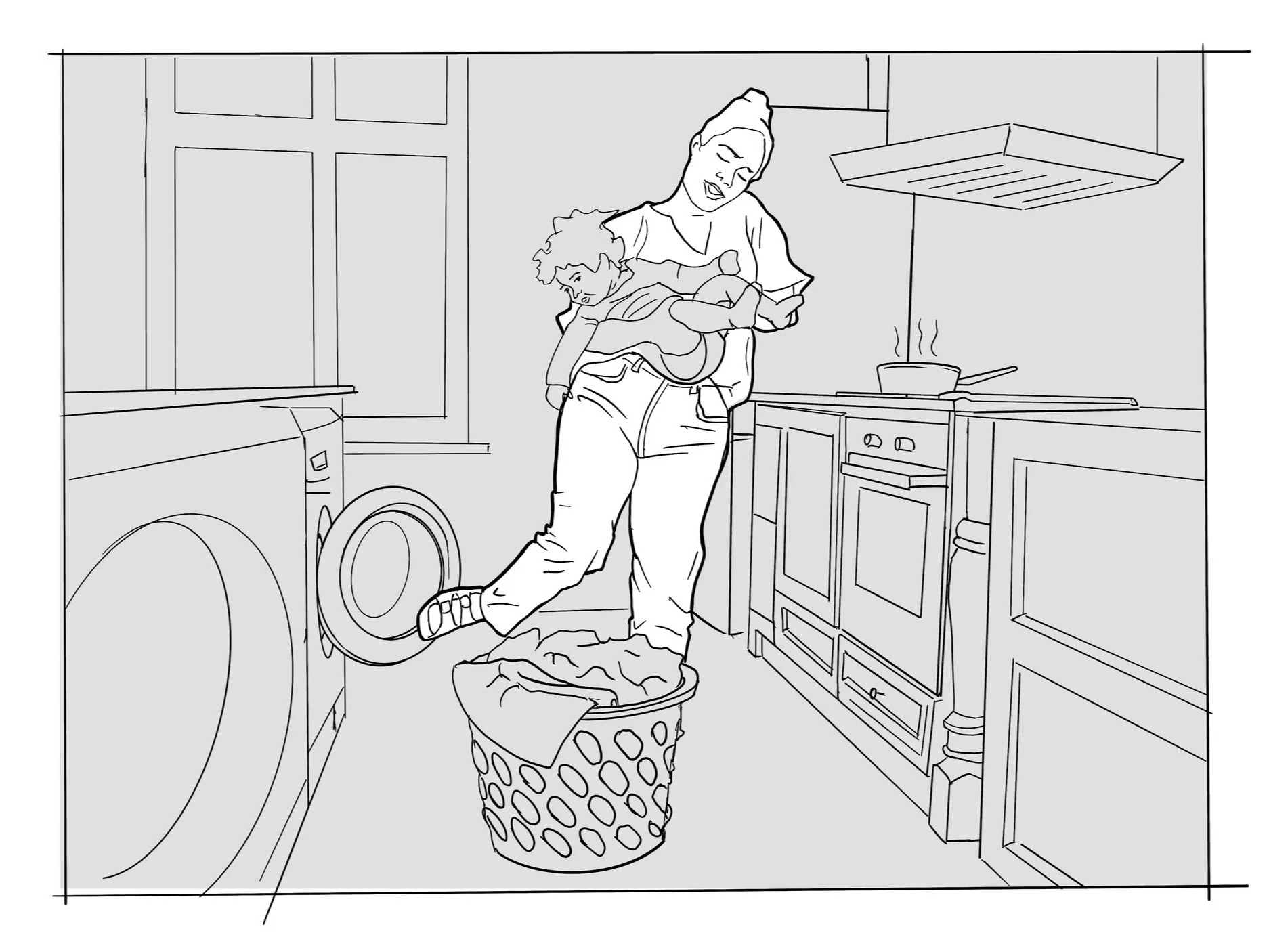 3. Mom is doing three loads of laundry while prepping dinner. She's juggling everything at once.