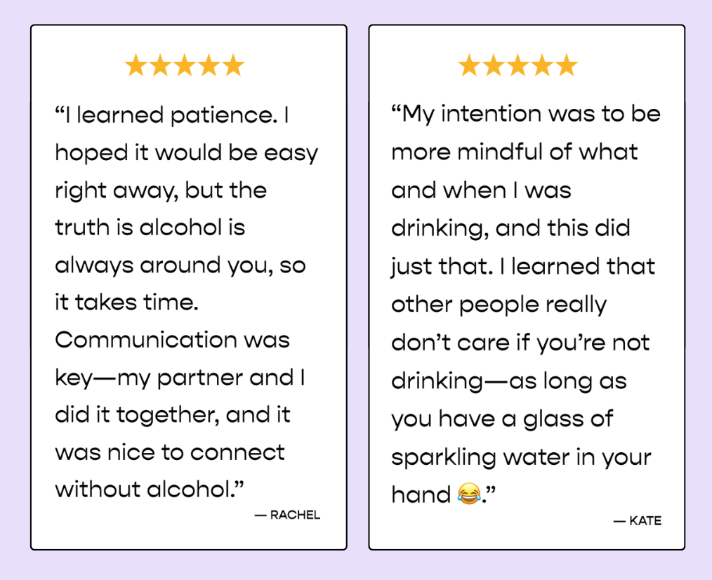 Two testimonial quotes with five-star ratings at the top, written in black text on white background panels, and a light purple background.