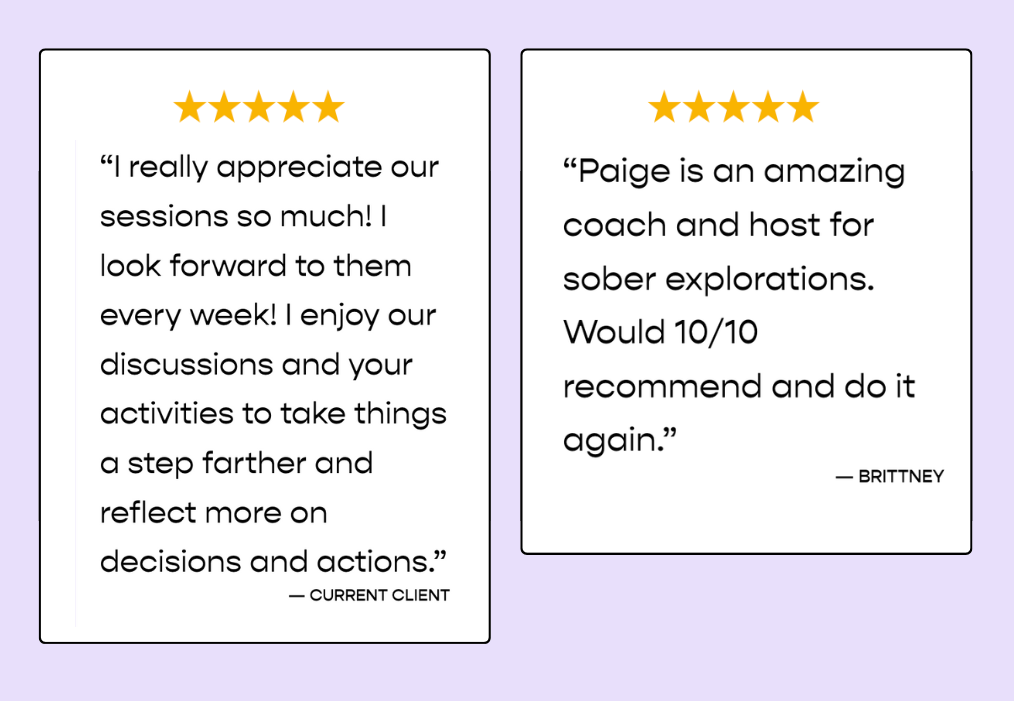 Two testimonials with five-star ratings, one from a current client and another from Brittney, praising a coach for their sessions and activities.
