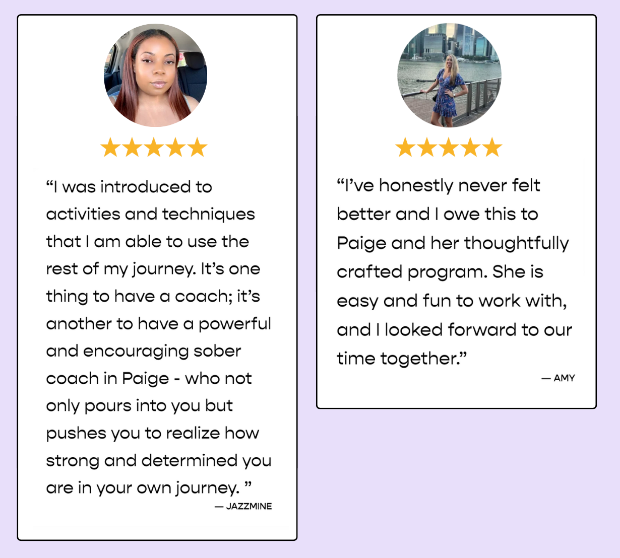 Two testimonials with profile pictures of women: on the left, a woman with straight, shoulder-length hair and makeup; on the right, a woman with long, blonde hair in a blue dress, standing by a waterfront cityscape. Both have five-star ratings and positive quotes about coaching program.