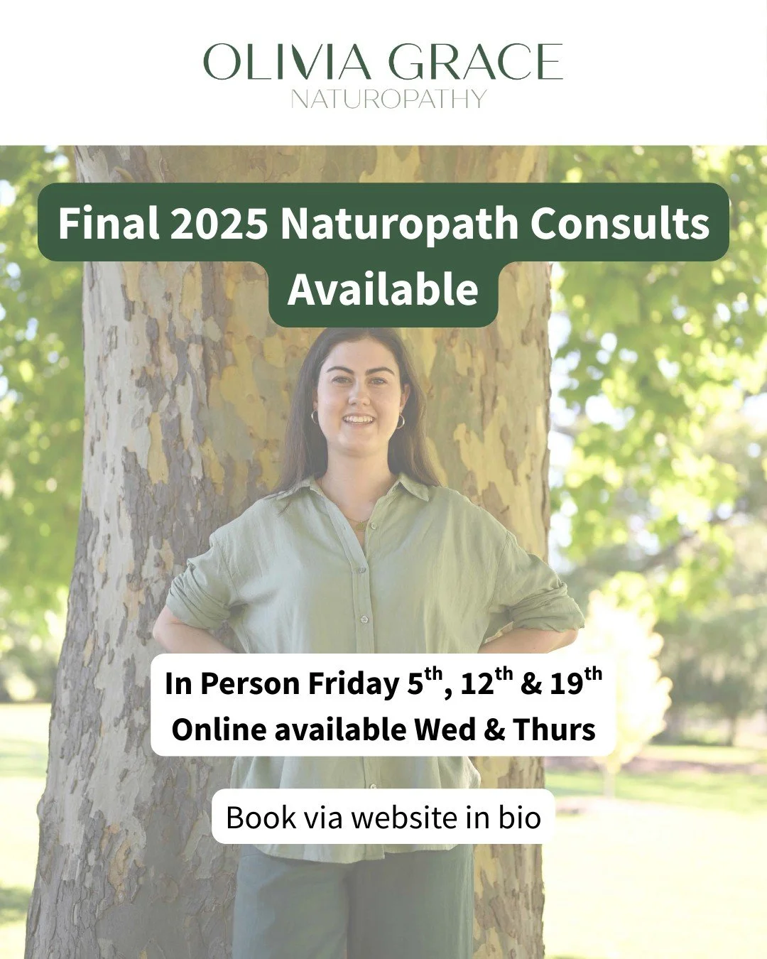 Final consult dates for 2025 are now open.

If you&rsquo;ve been meaning to get on top of your gut, hormones or energy before the end of the year, this is your sign to book.

I have in person Fridays 5th, 12th and 19th December, and online sessions W